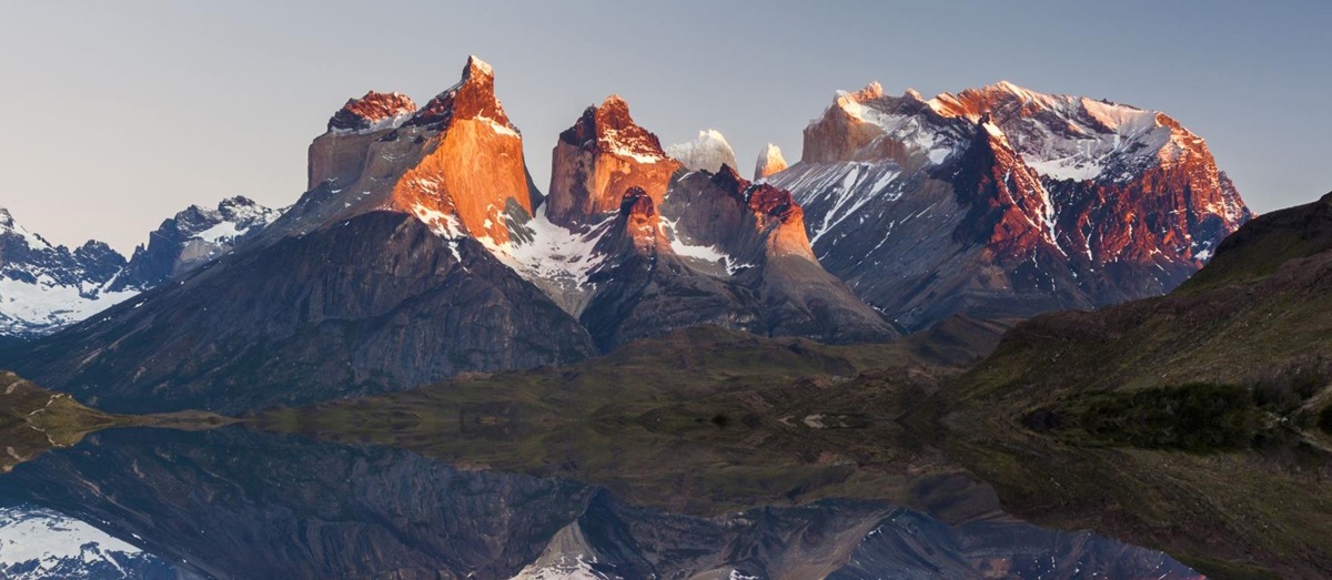 Reflection of the Paine Massif in Torres del Paine Chile in clear lake waters