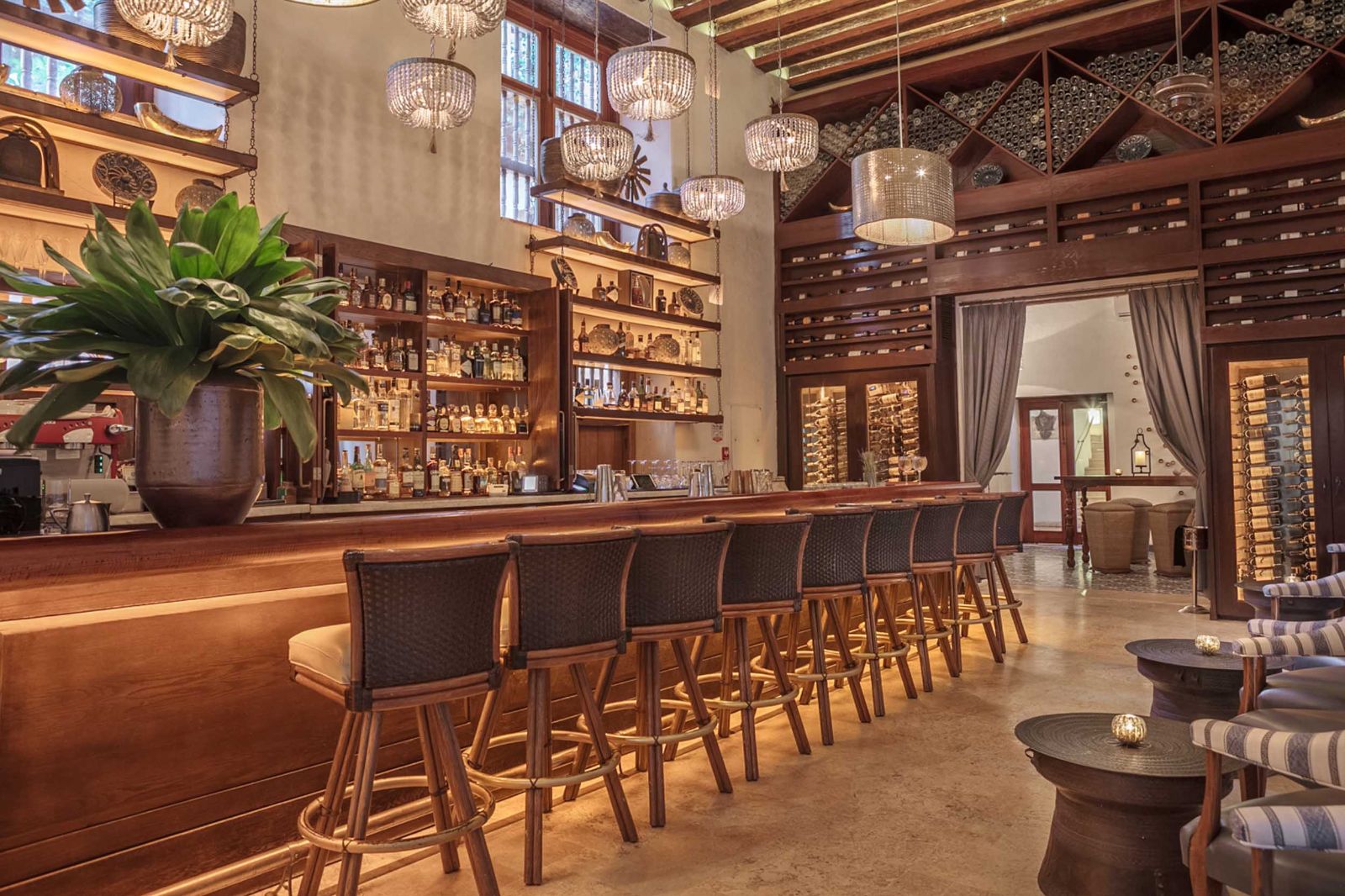 Bar seating area at Casa San Agustin in Cartagena, Colombia