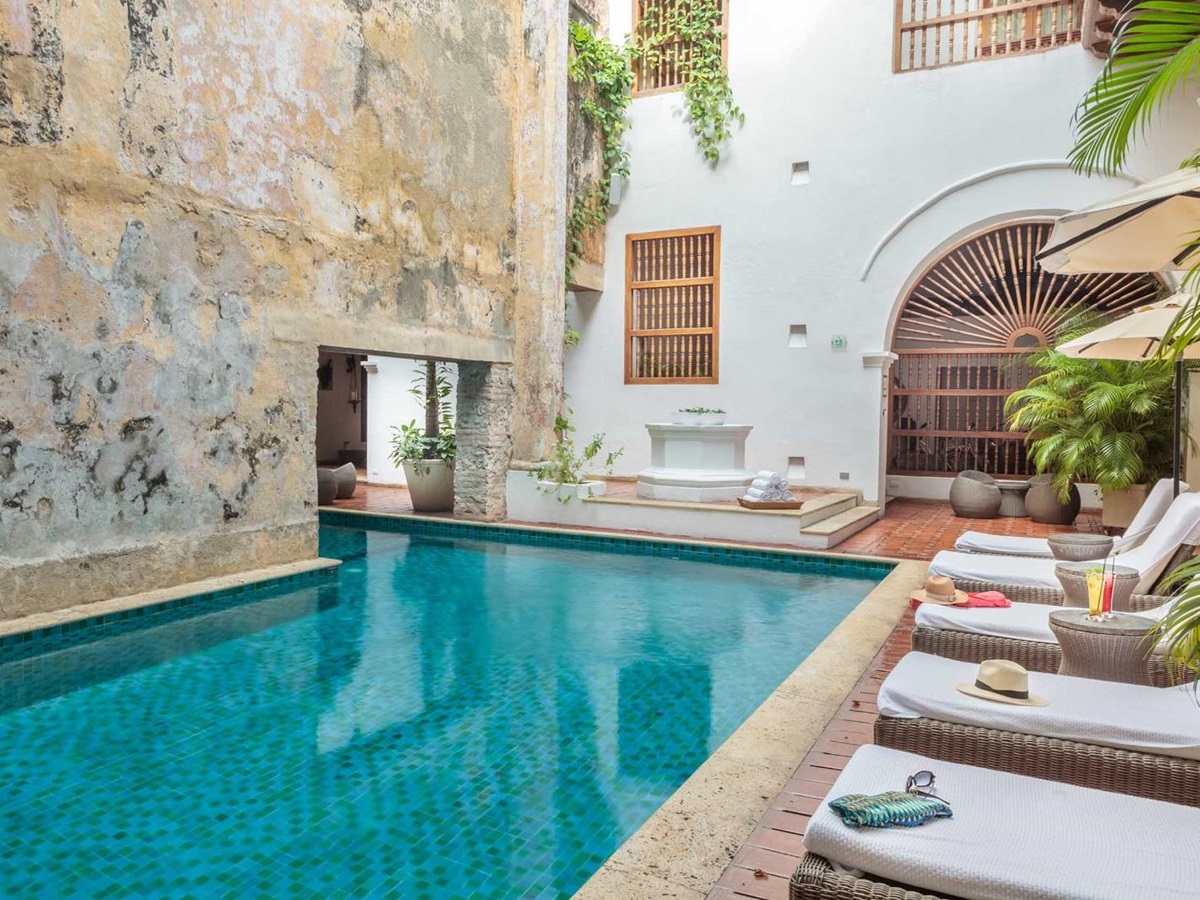 Poolside and loungers at Casa San Agustin in Cartagena, Colombia