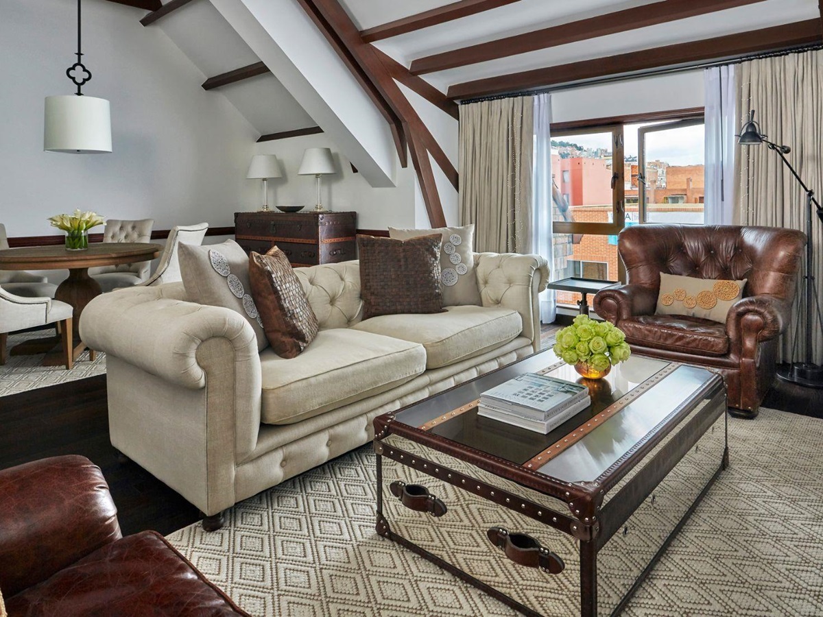 Cream and brown guest suite living area at Four Seasons casa Medina in Bogota, Colombia