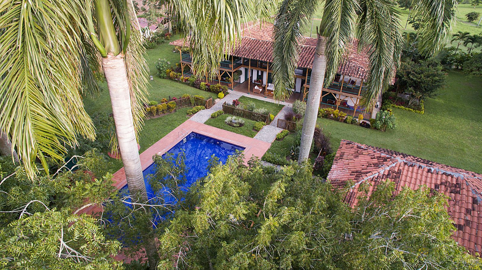 Aerial view of the pool and hotel at Hacienda Bambusa in Colombia's coffee region