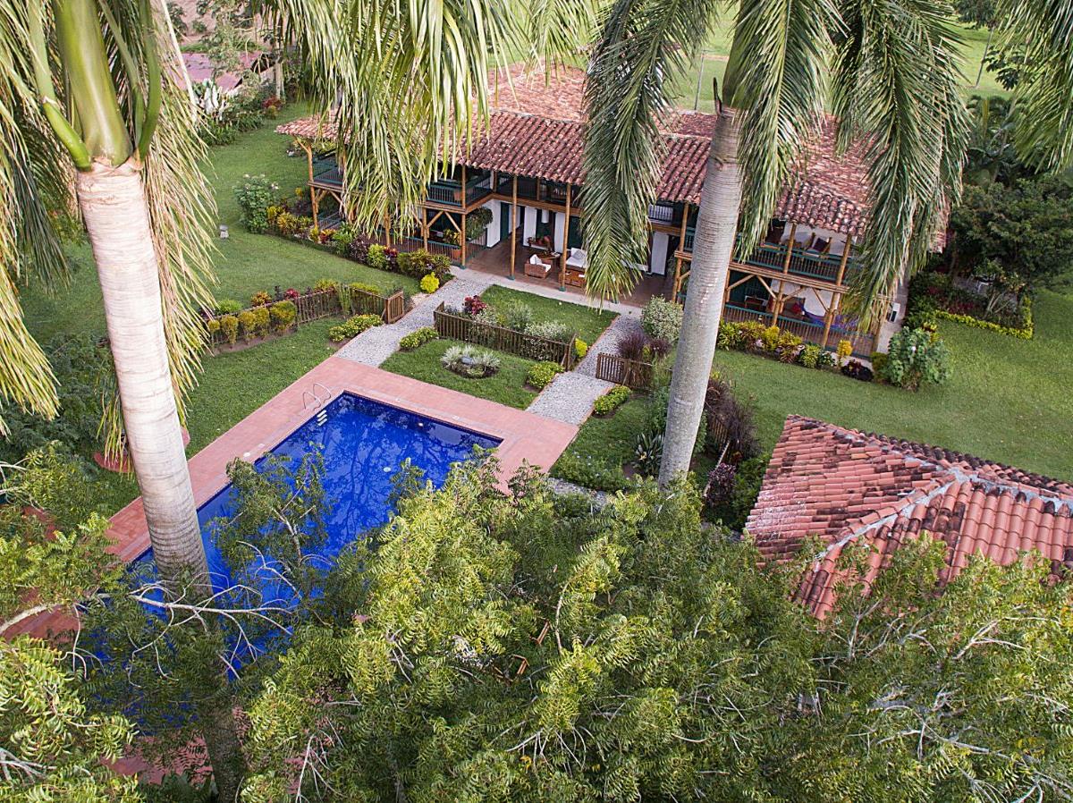 Aerial view of the pool and hotel at Hacienda Bambusa in Colombia's coffee region