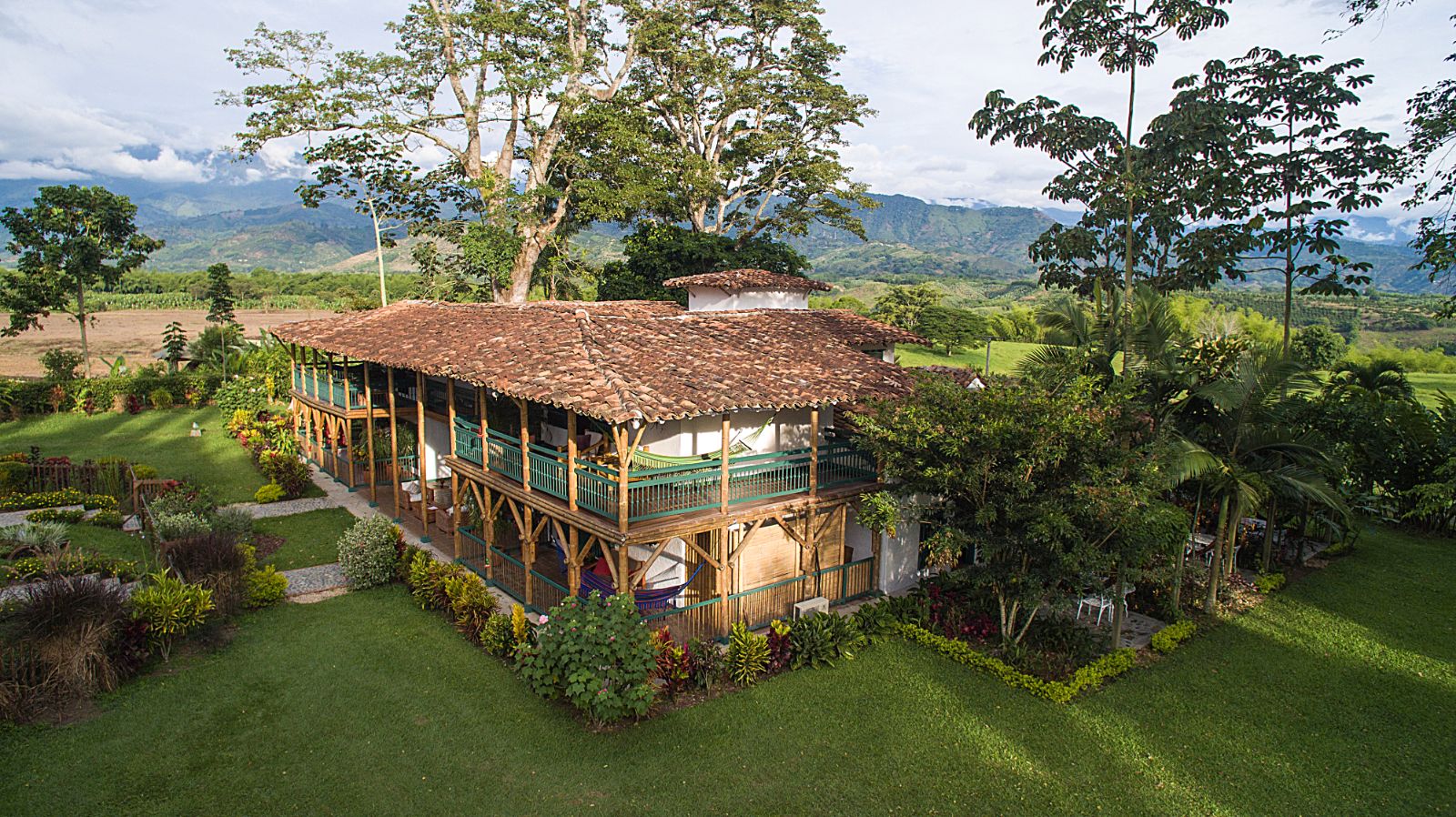 Aerial view of the hotel building at Hacienda Bambusa in Colombia's coffee region