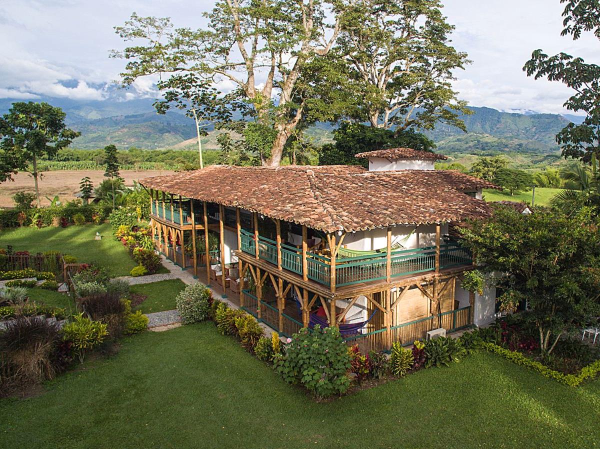 Aerial view of the hotel building at Hacienda Bambusa in Colombia's coffee region