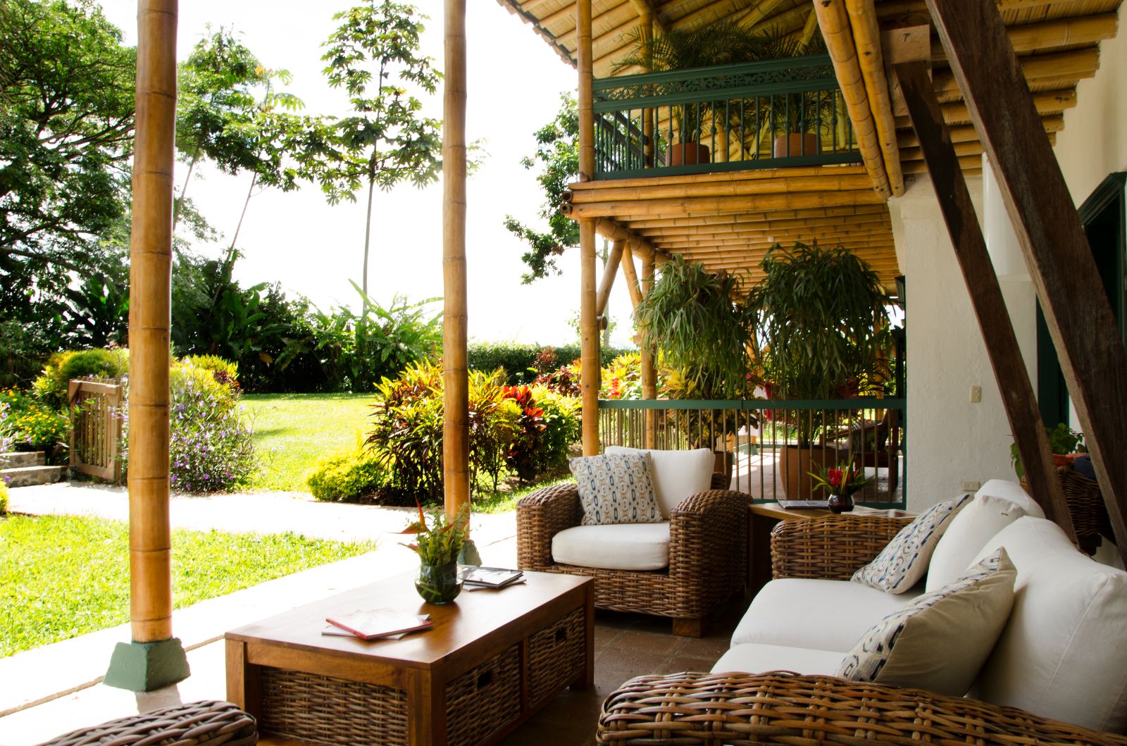 Outdoor terrace lounge at Hacienda Bambusa in Colombia's coffee region