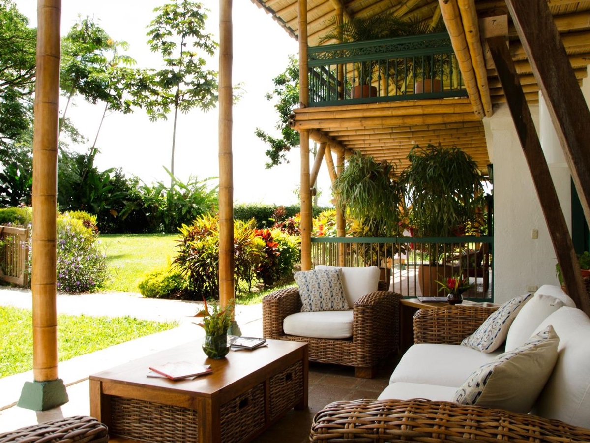 Outdoor terrace lounge at Hacienda Bambusa in Colombia's coffee region