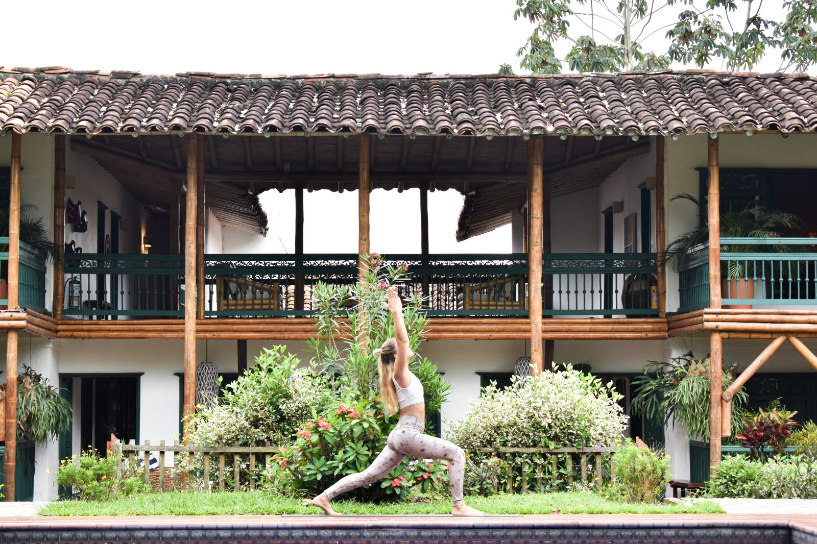 Yoga on the pavilion at Hacienda Bambusa in Colombia's coffee region