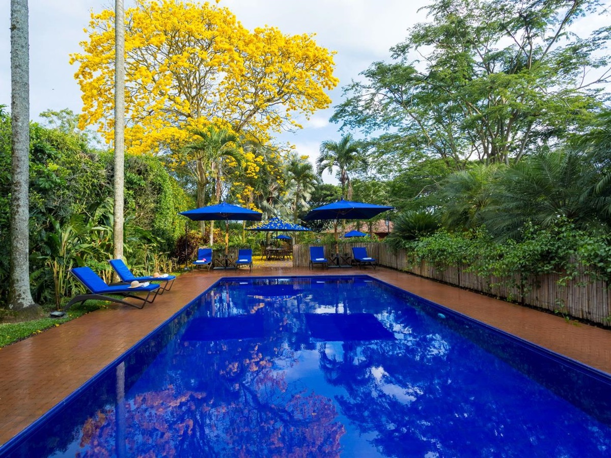 Poolside and sun loungers at Hotel Boutique Sazagua in Colombia's coffee region