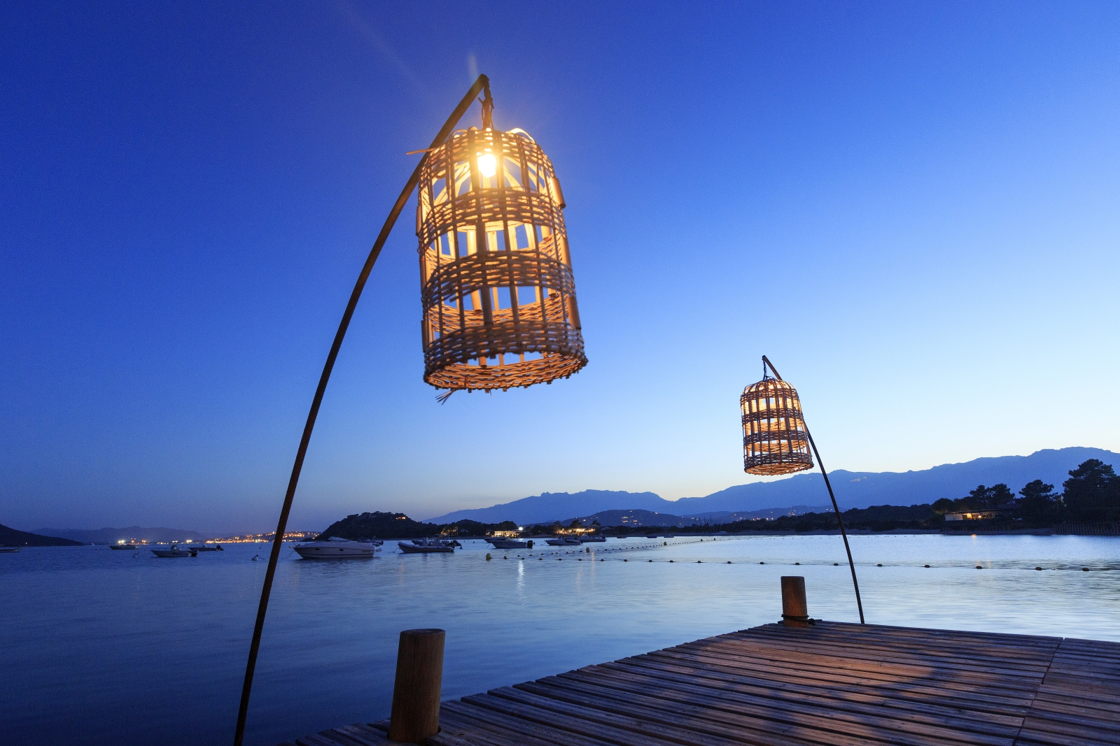 Pontoon by night at Grand Hotel de Cala Rossa in Corsica France