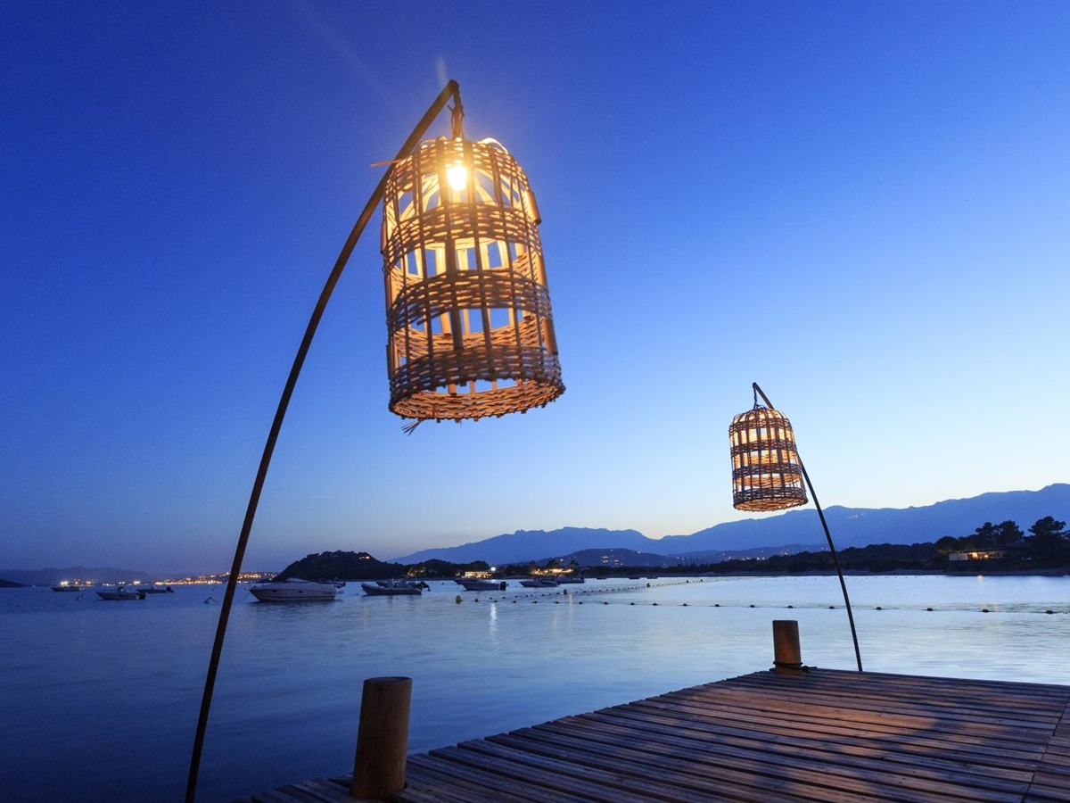 Pontoon by night at Grand Hotel de Cala Rossa in Corsica France