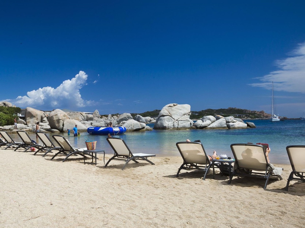 sunbeds on the beach at Hotel & Spa des Pecheurs, Corsica, France