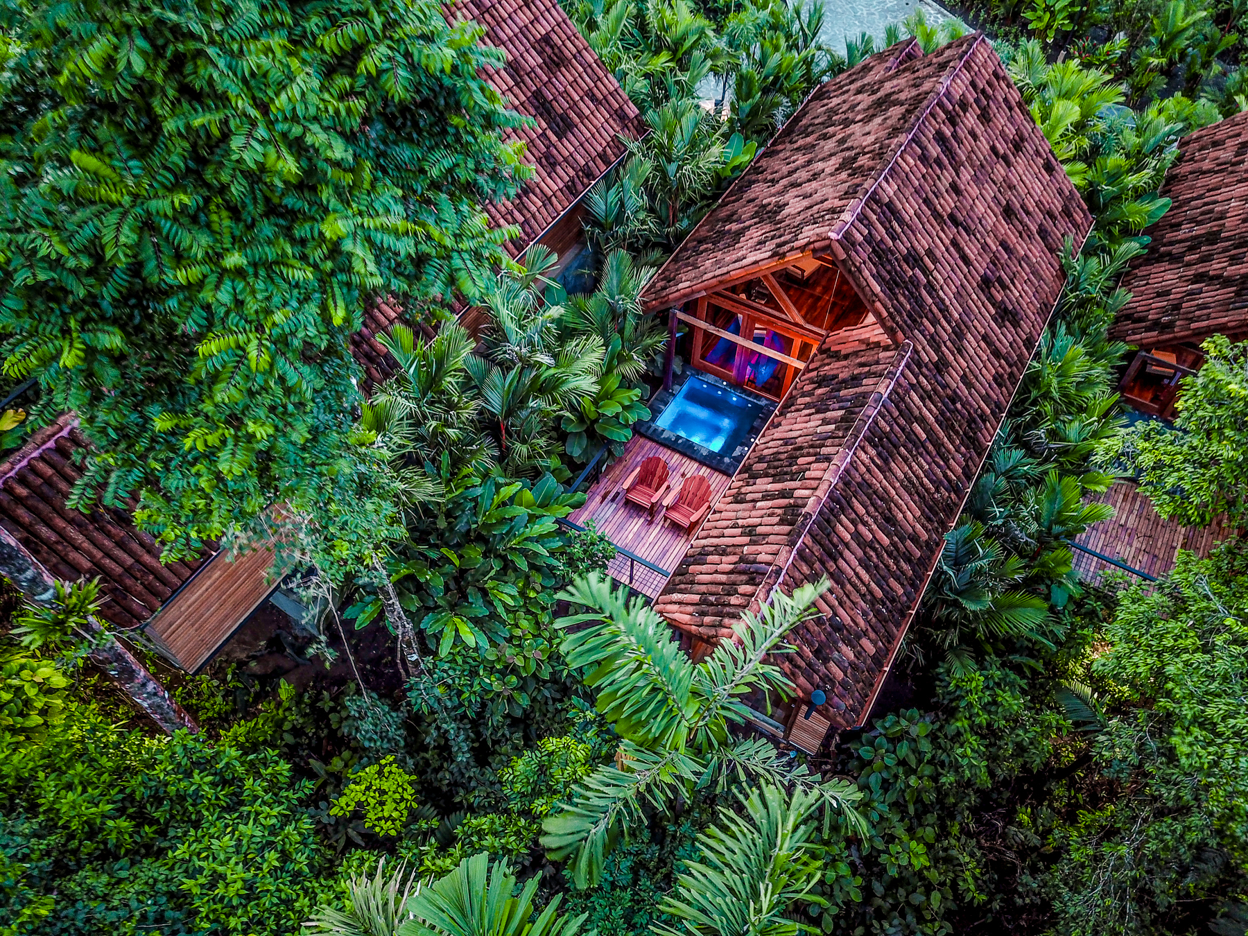 Aerial view of a canyon casita deck with whirlpool at Costa Rica