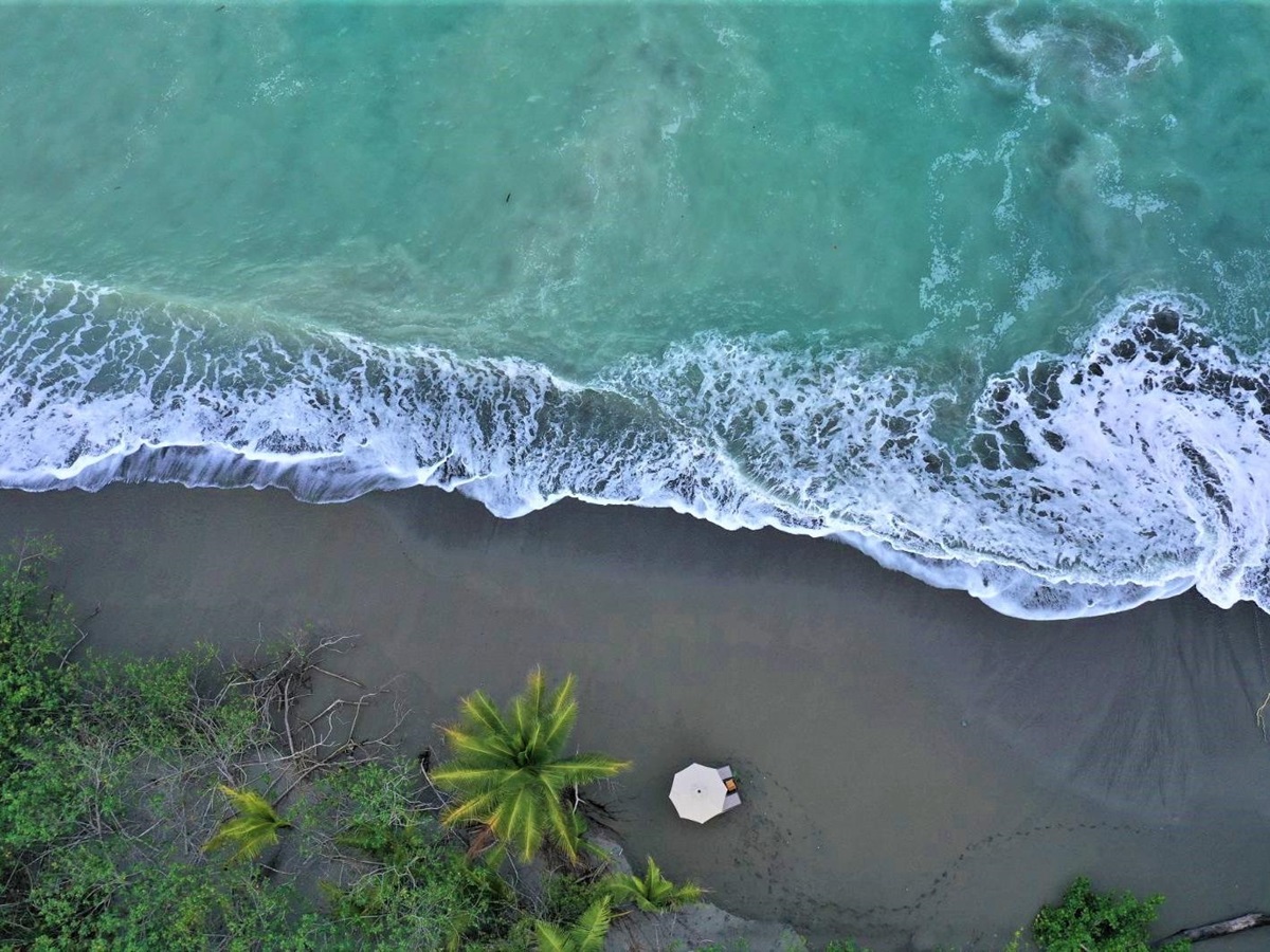 Aerial view of the beach on the grounds of Lapa Rios resort in Costa Rica