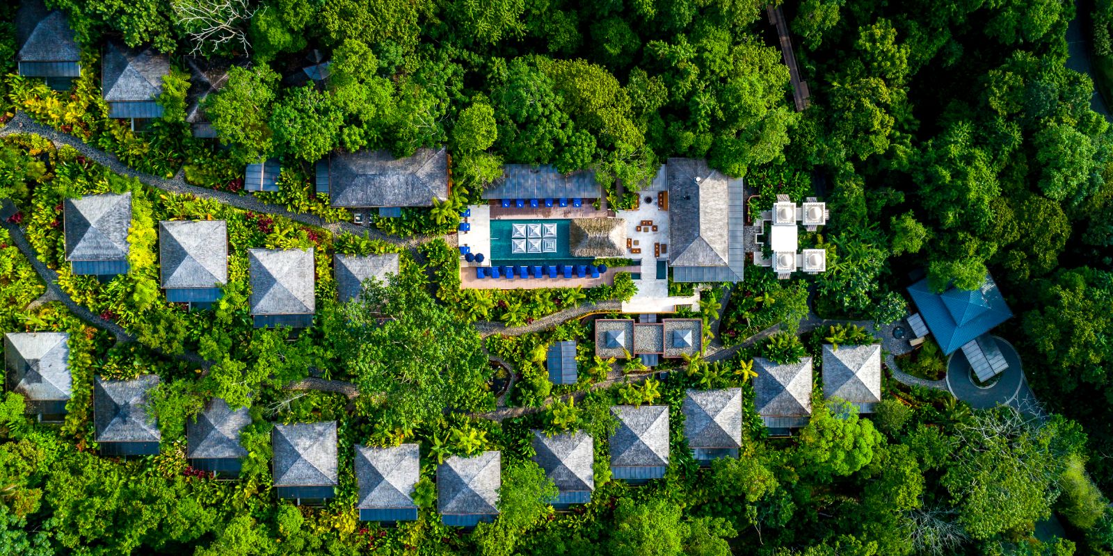 Aerial view of Nayara Springs resort in the Arenal National Park in Costa Rica