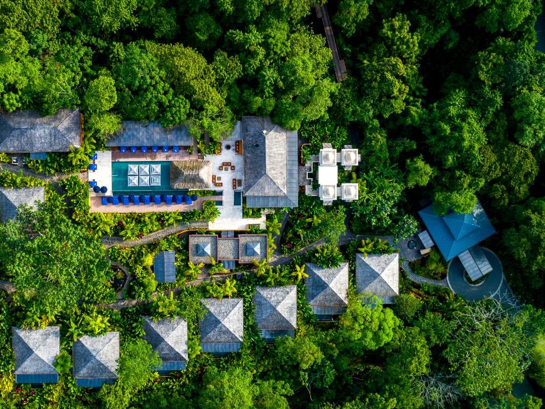 Aerial view of Nayara Springs resort in the Arenal National Park in Costa Rica