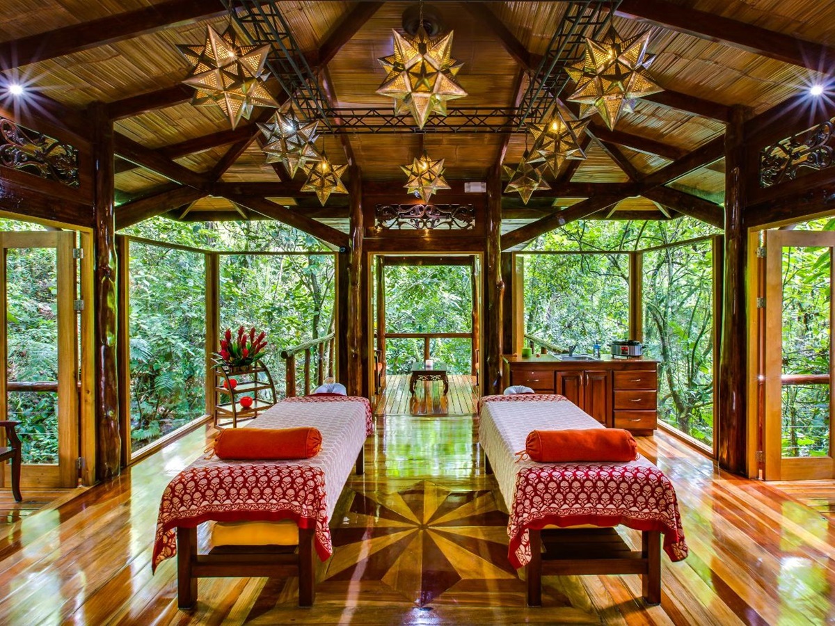 Treatment beds in the spa pavilion at Nayara Springs resort in the Arenal National Park in Costa Rica