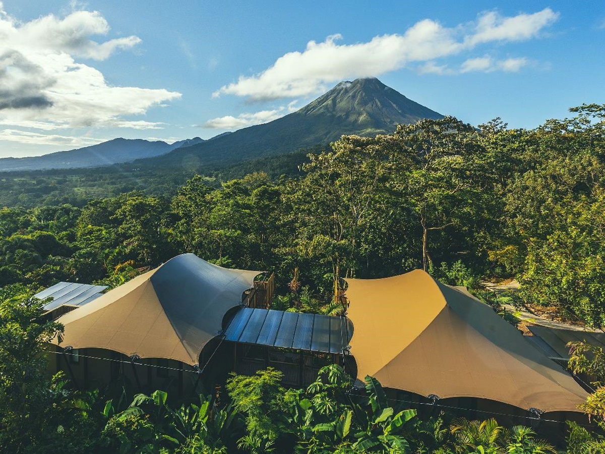 Aerial view of Nayara Tented Camp and the Arenal Volcano in Costa Rica