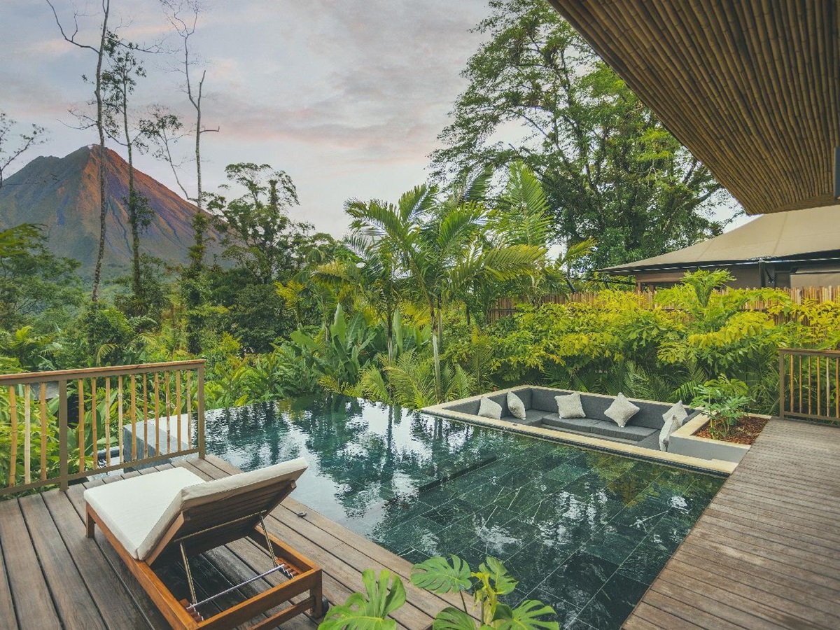 Volcano view from Casa Paloma plunge pool at Nayara Tented Camp Arenal Costa Rica