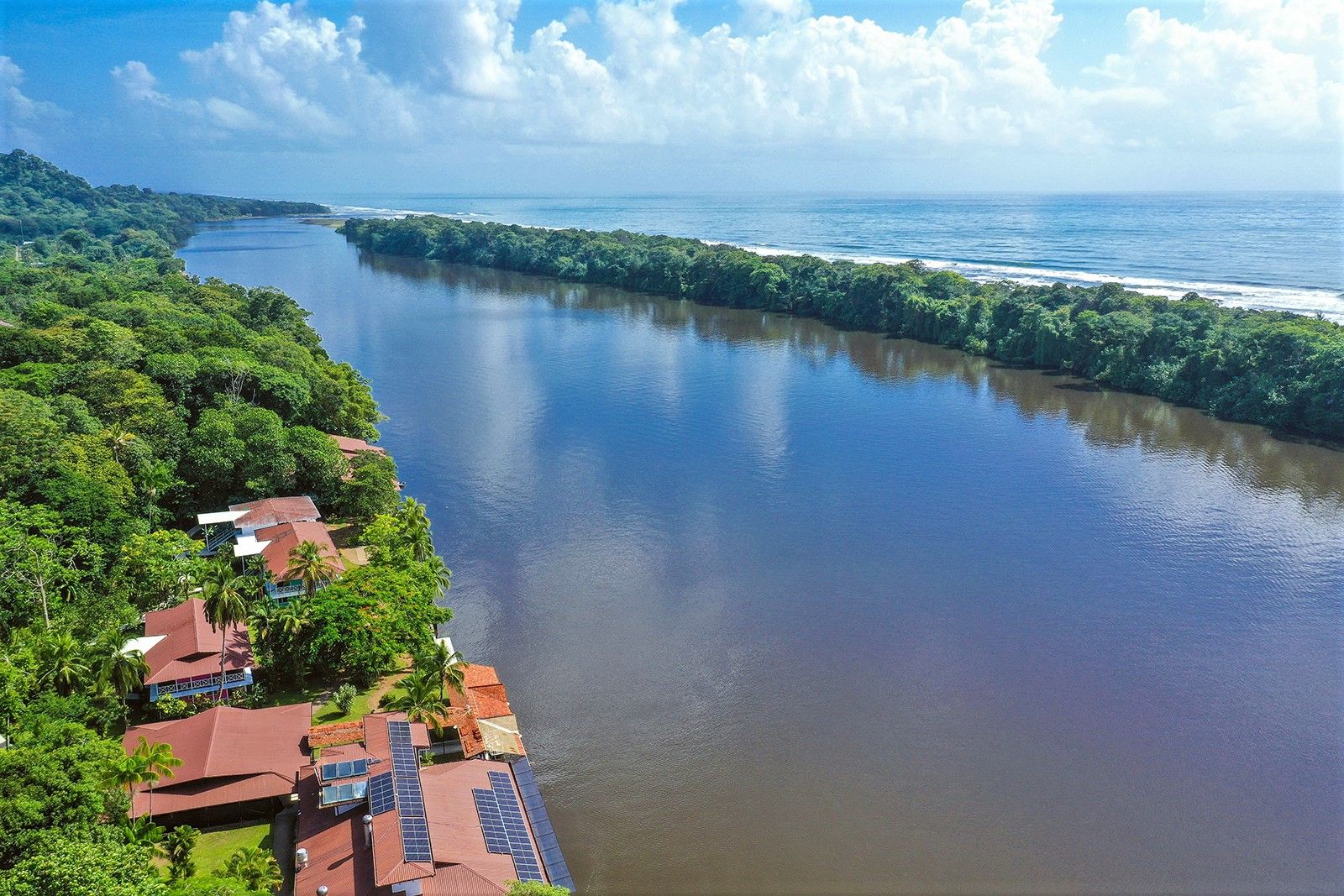 Aerial view of Tortuga Lodge on the edge of Tortuguero National Park Costa Rica