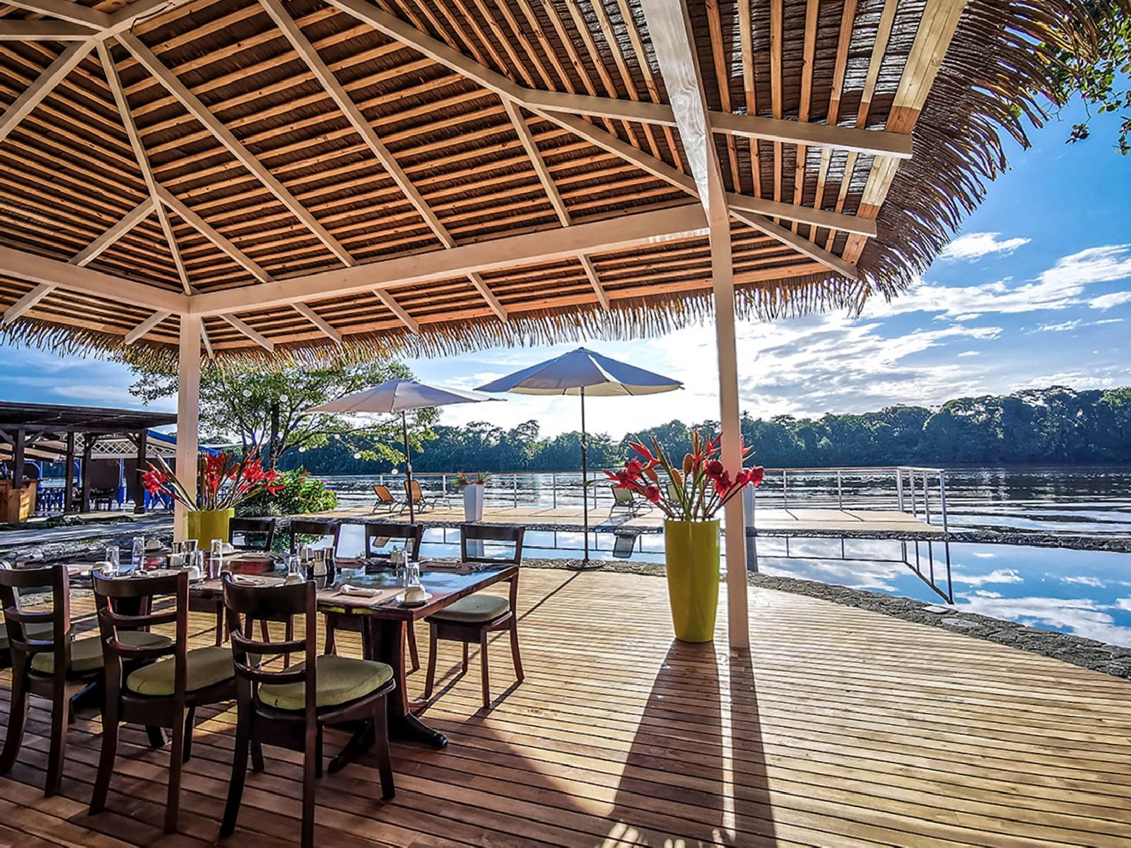 Restaurant terrace at Tortuga Lodge on the edge of Tortuguero National Park Costa Rica