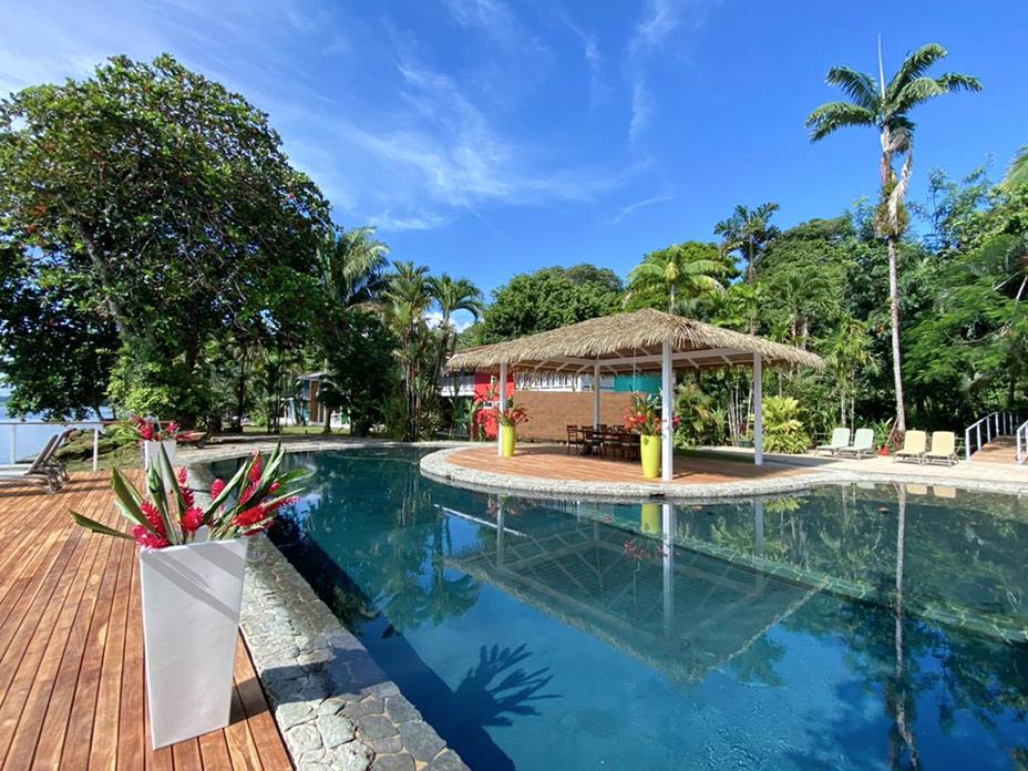 The swimming pool at Tortuga Lodge on the edge of Tortuguero National Park Costa Rica