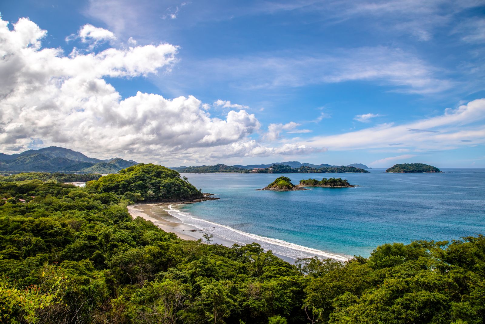 View of a bay surrounded by forest on the Nicoya Peninsula in Costa Rica