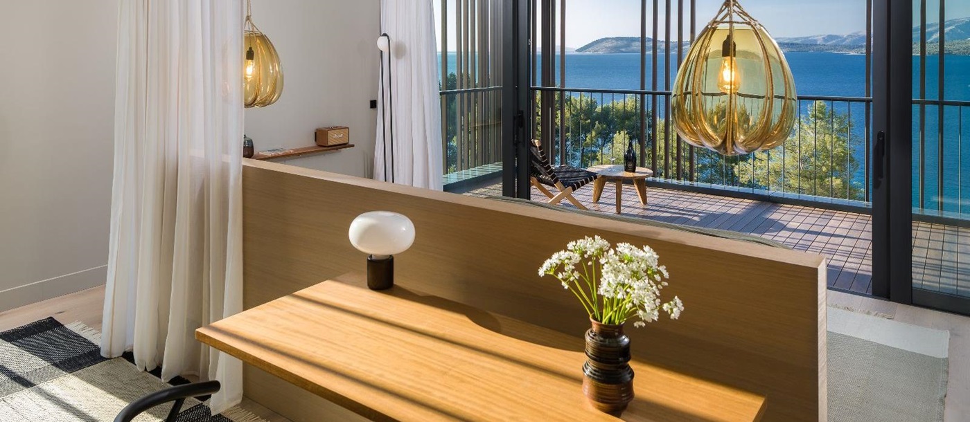 Sea view room with desk and private terrace at luxury resort Maslina on Hvar, Croatia