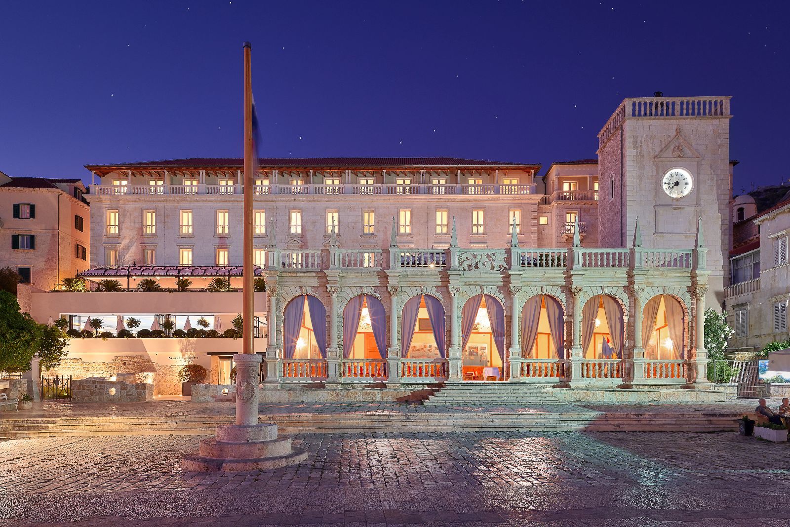 Exterior of the Palace Elisabeth hotel in Hvar in Croatia by night