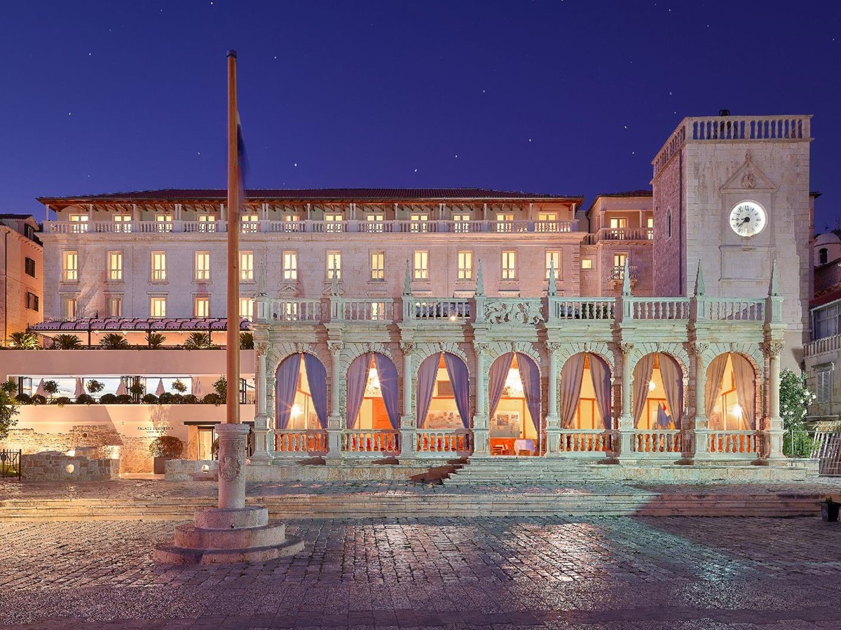Exterior of the Palace Elisabeth hotel in Hvar in Croatia by night