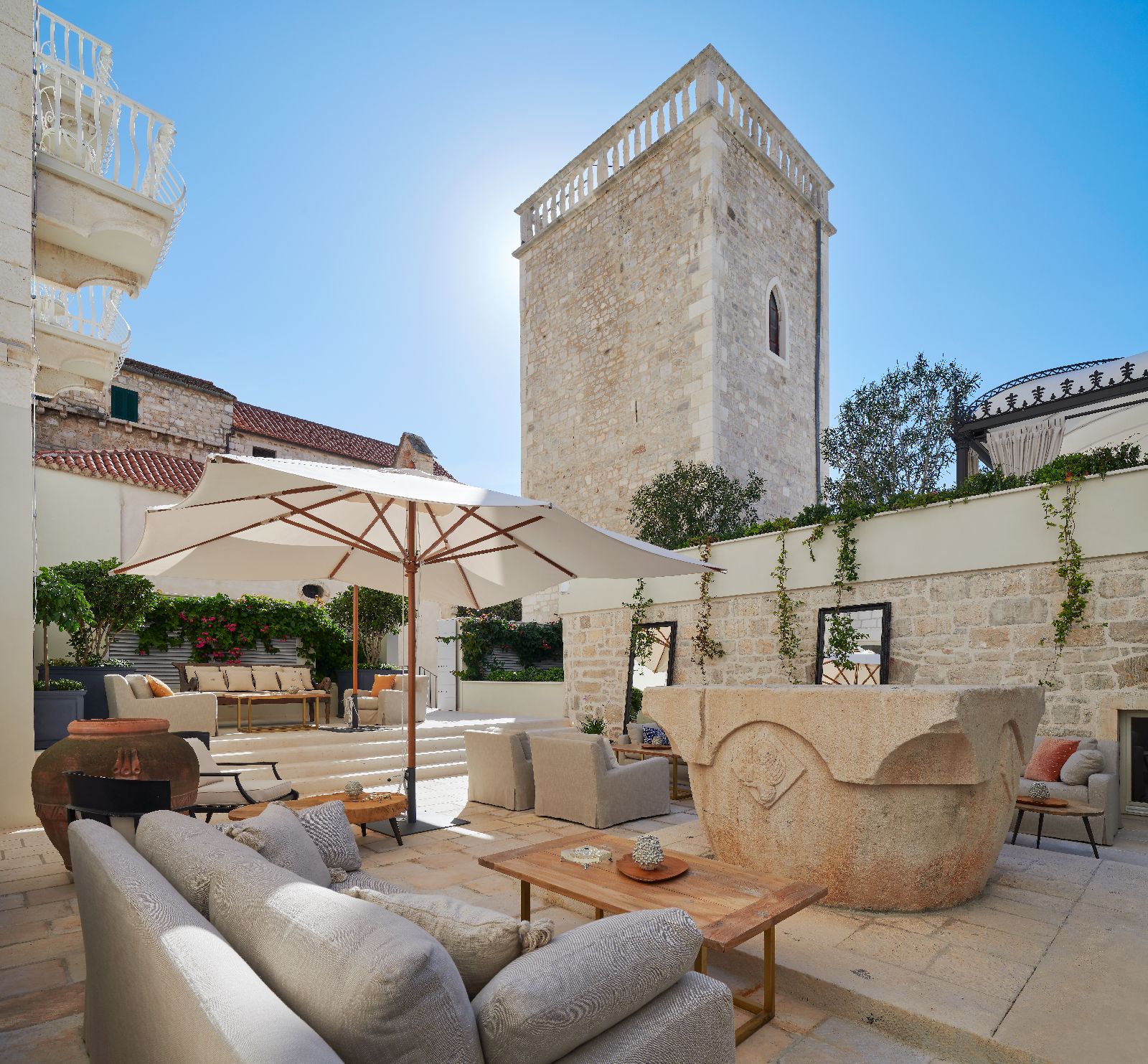 Outdoor courtyard of the spa at the Palace Elisabeth hotel in Hvar Croatia