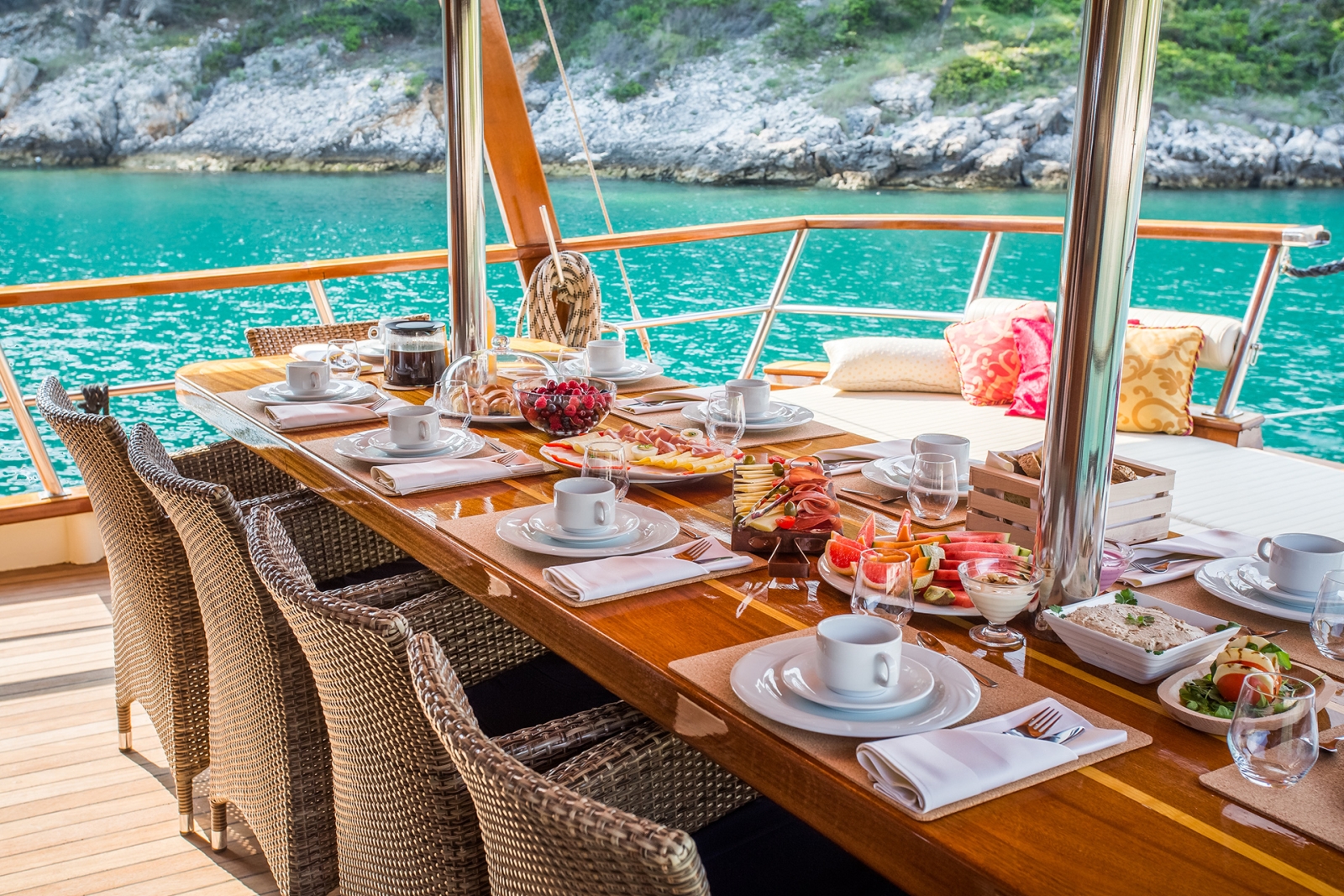 Dining table on deck with breakfast laid out