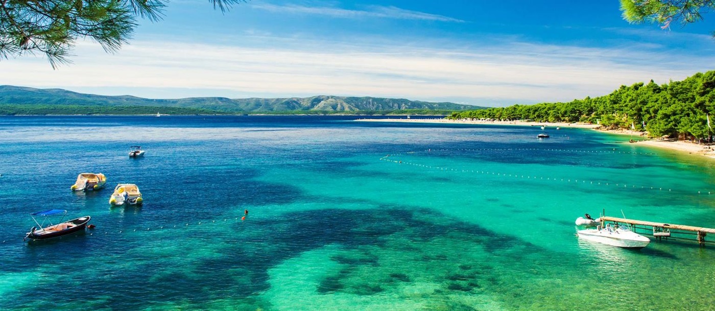 View of Zlatni Rat beach and turquoise waters in Brac Croatia