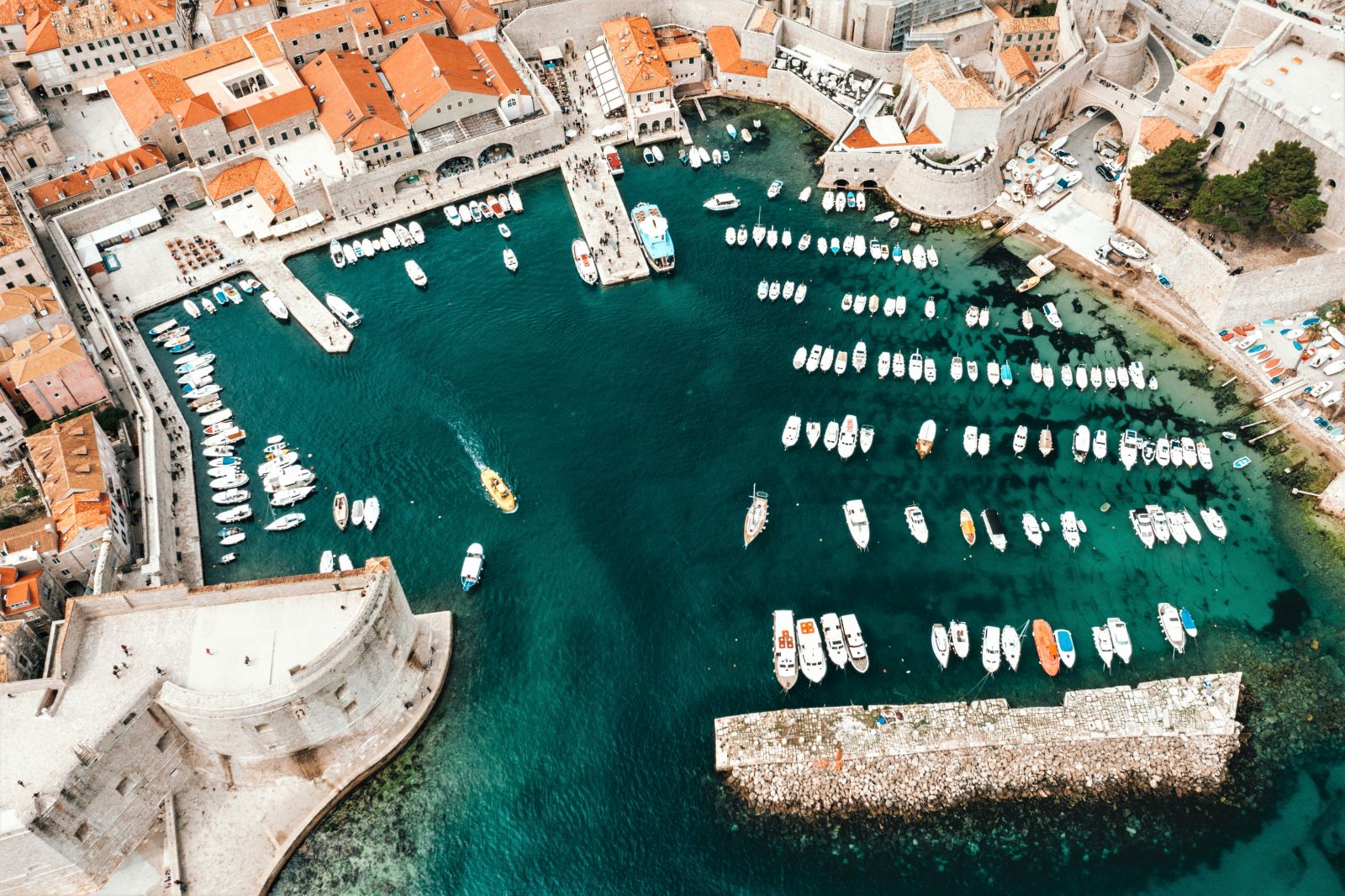 Aerial view of Dubrovnik harbour and fortress in Croatia