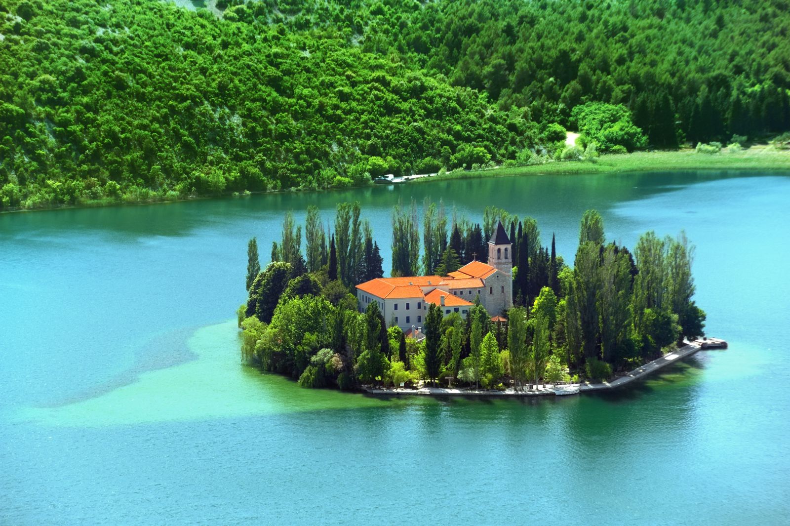 Aerial view of Visovac Monastery on a tiny island in Krka National Park, Croatia