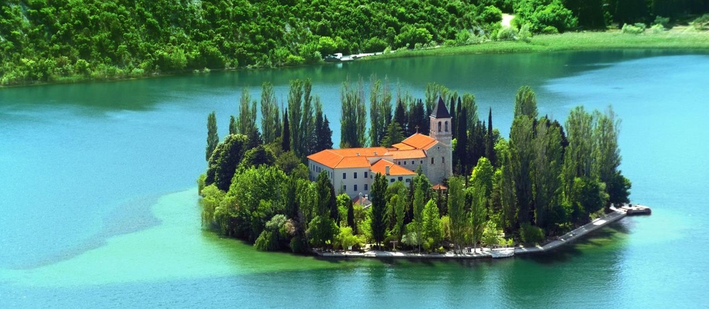 Aerial view of Visovac monastery on a tiny island in Krka National Park Croatia