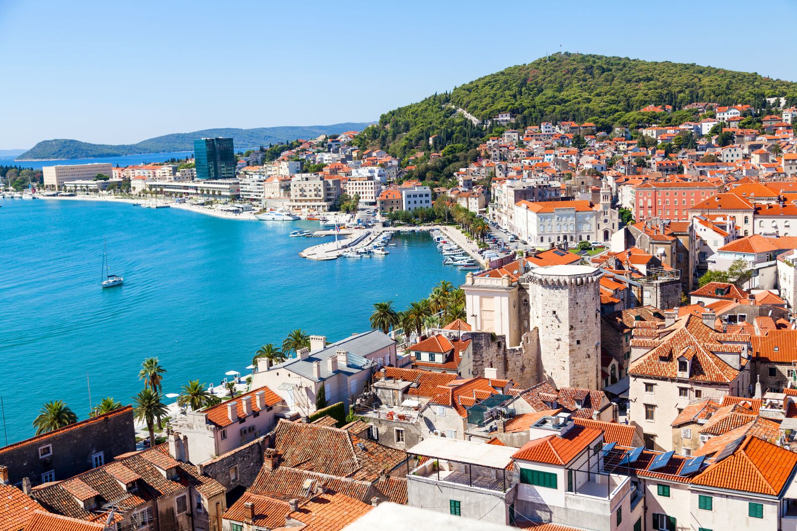 Aerial view of Split harbour and terracotta rooftops in Croatia