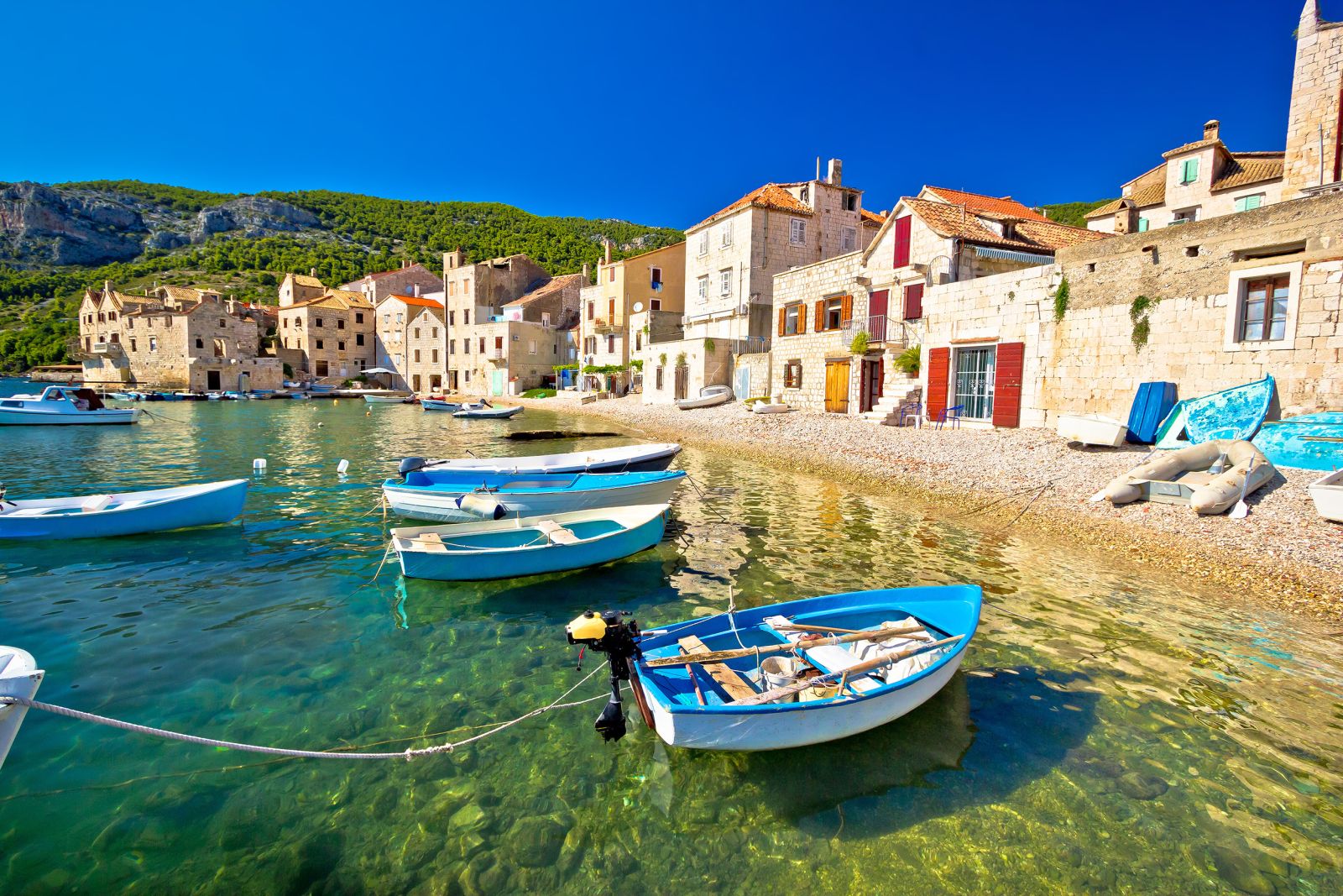 Komiza Harbour and fishing boats in Vis, Croatia