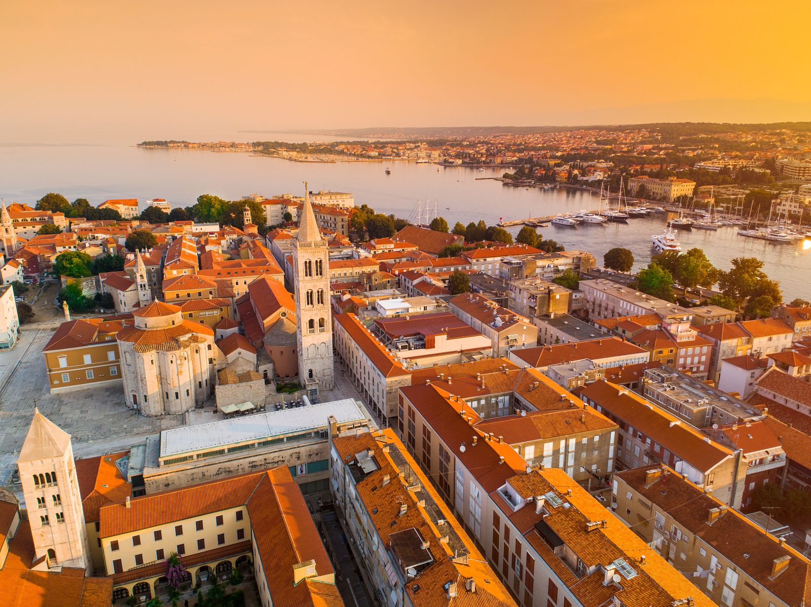 Aerial view of Zadar old town in Croatia in the evening light