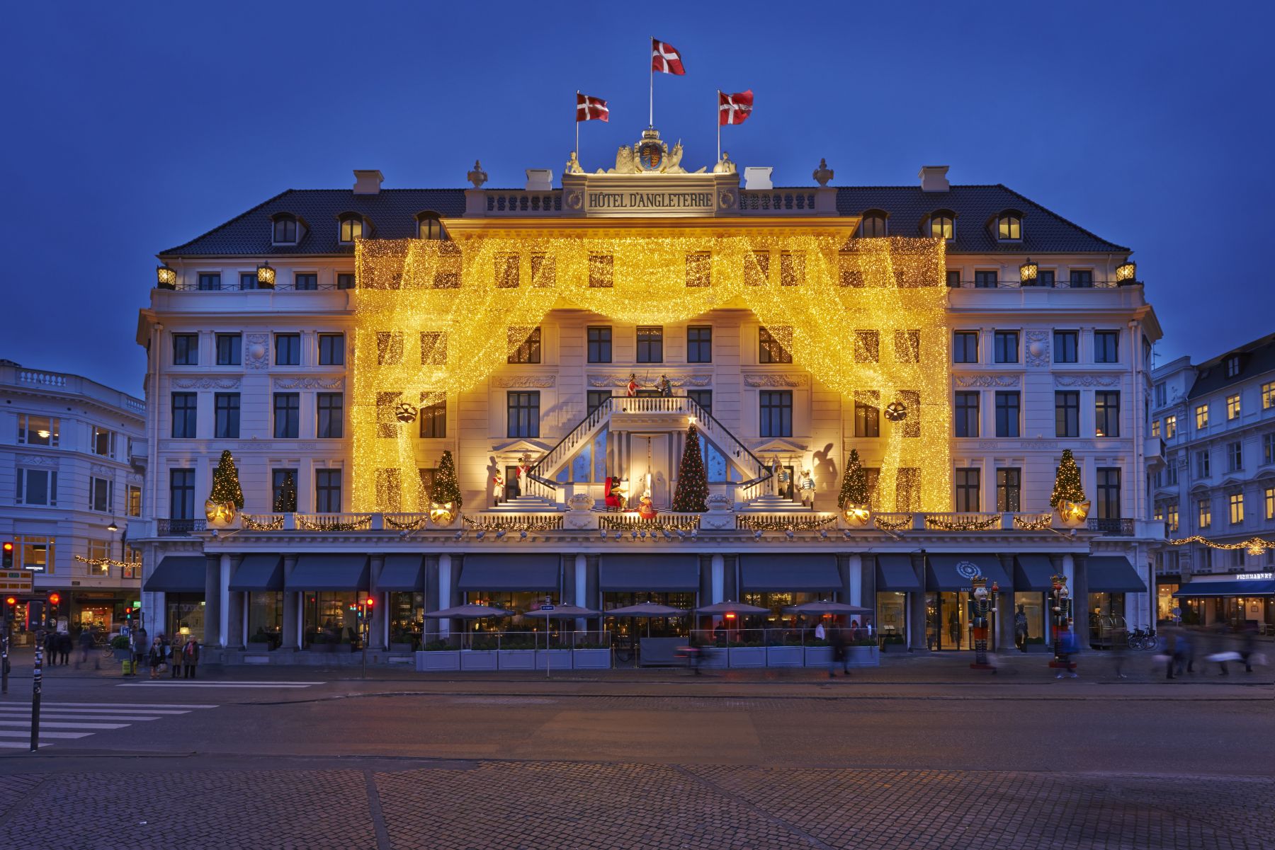 Christmassy façade of Hotel d'Angleterre in Copenhagen