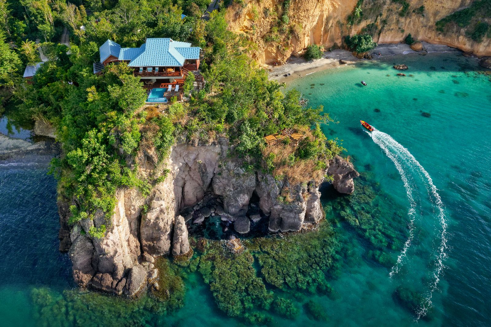 Aerial view of secret beach at Secret Bay in Dominica