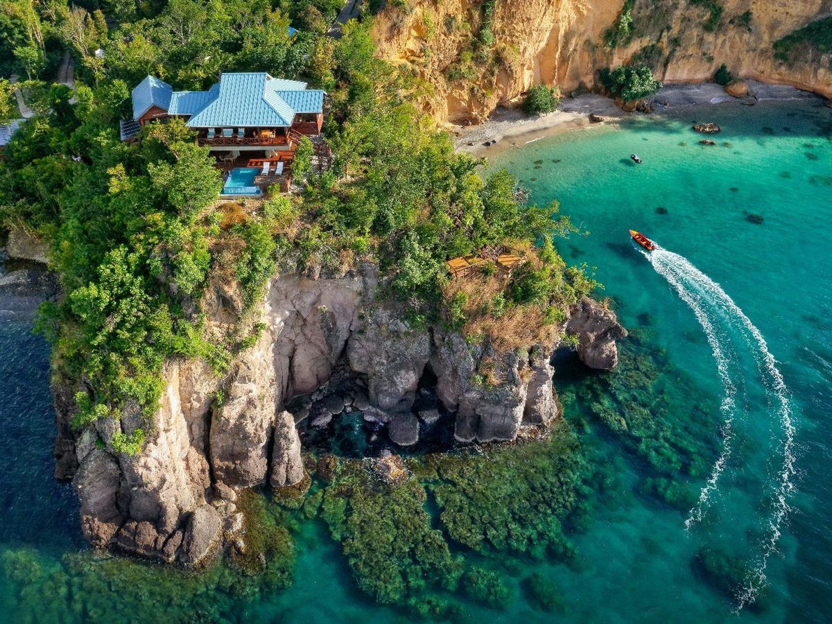 Aerial view of secret beach at Secret Bay in Dominica