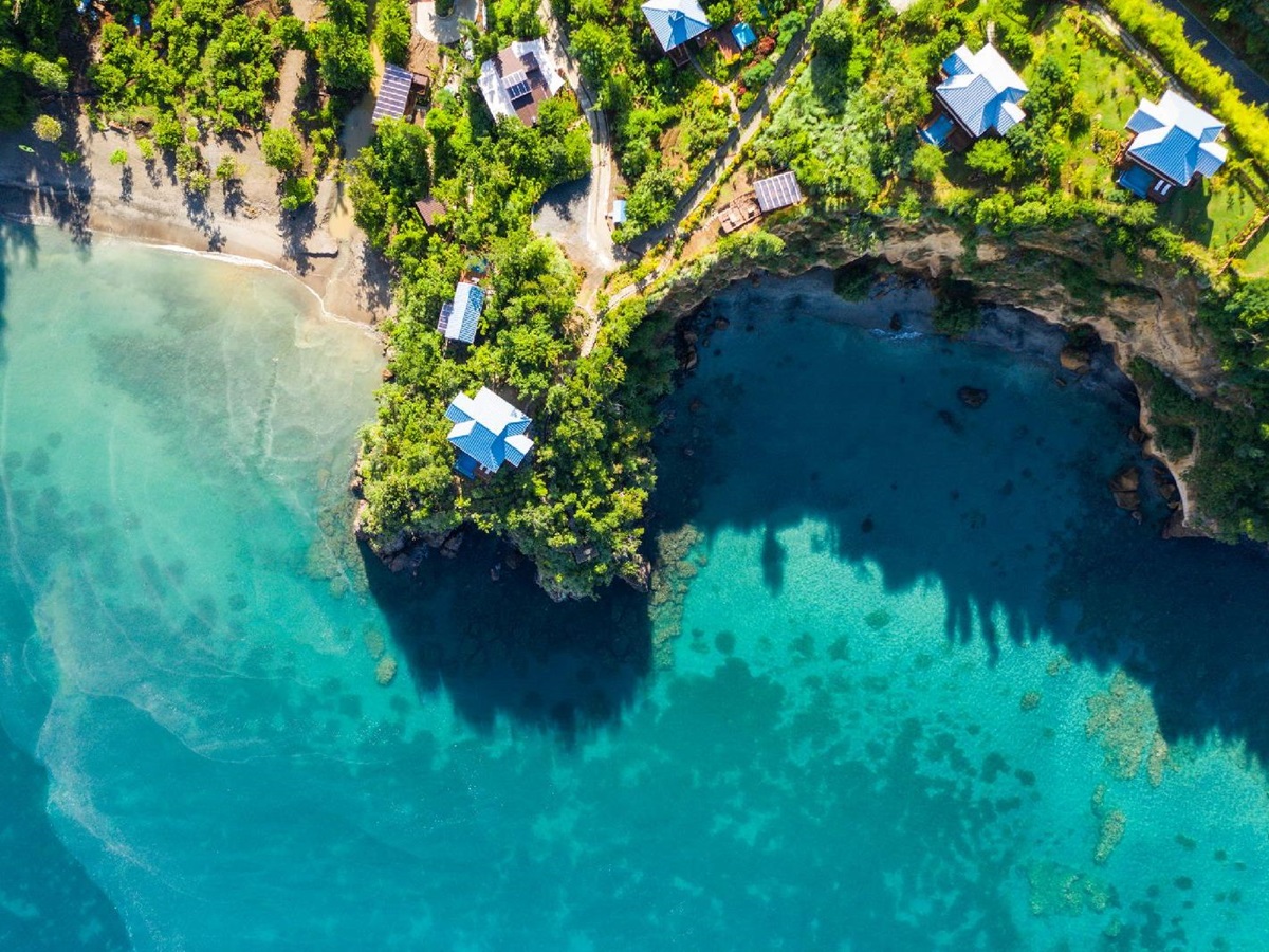 Aerial view of Secret Bay in Dominica and turquoise seas