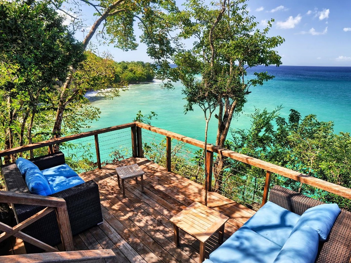 Zabuco villa sea view terrace at Secret Bay in Dominica