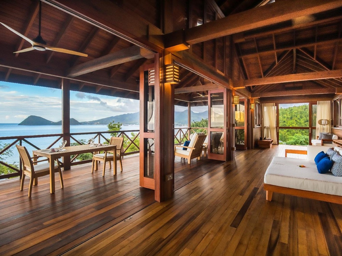 Interiors and sea view of Zabuco villa at Secret Bay in Dominica