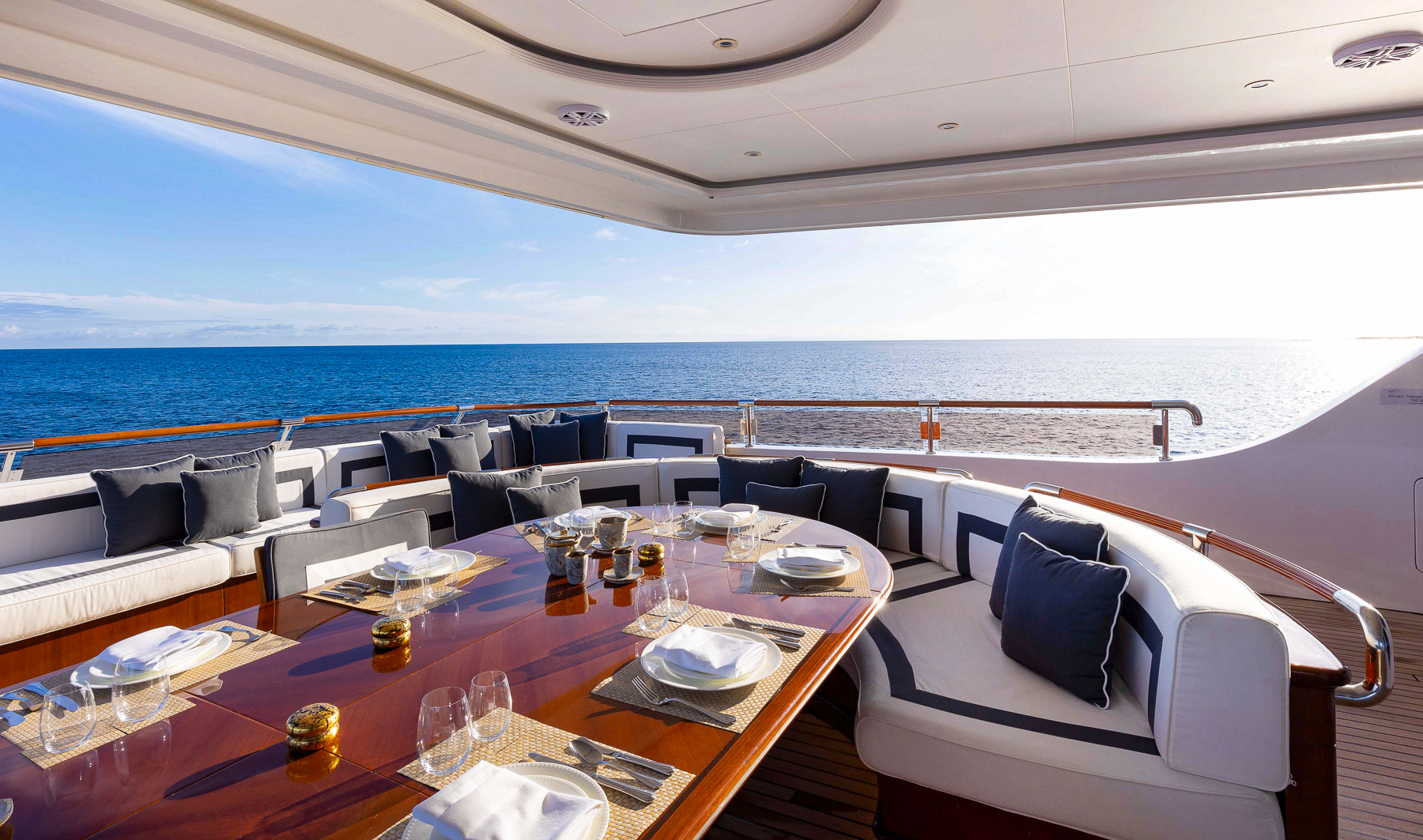 Alfresco dining deck onboard the Aqua Mare luxury expedition cruiser in the Galapagos Islands