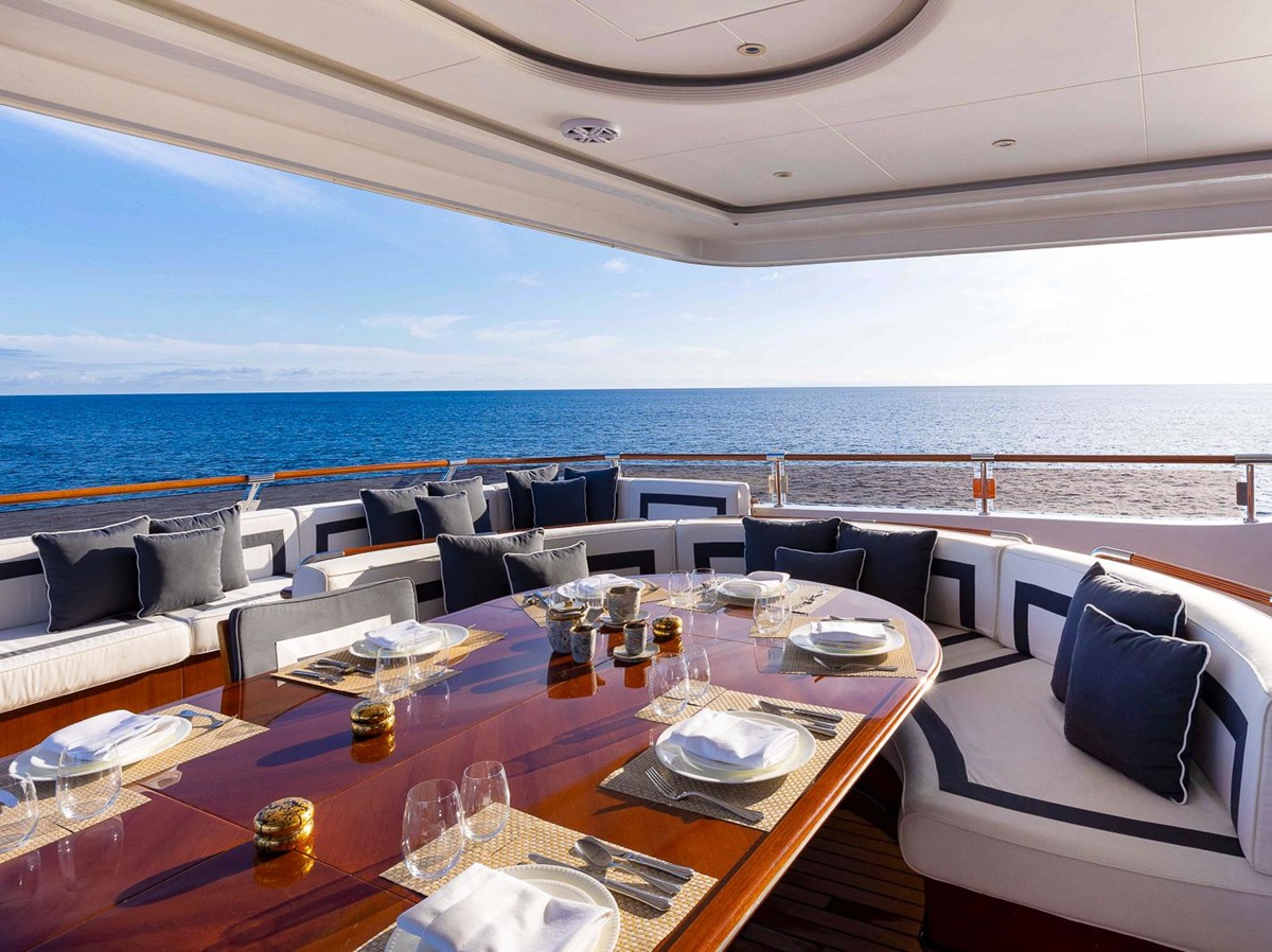 Alfresco dining deck onboard the Aqua Mare luxury expedition cruiser in the Galapagos Islands