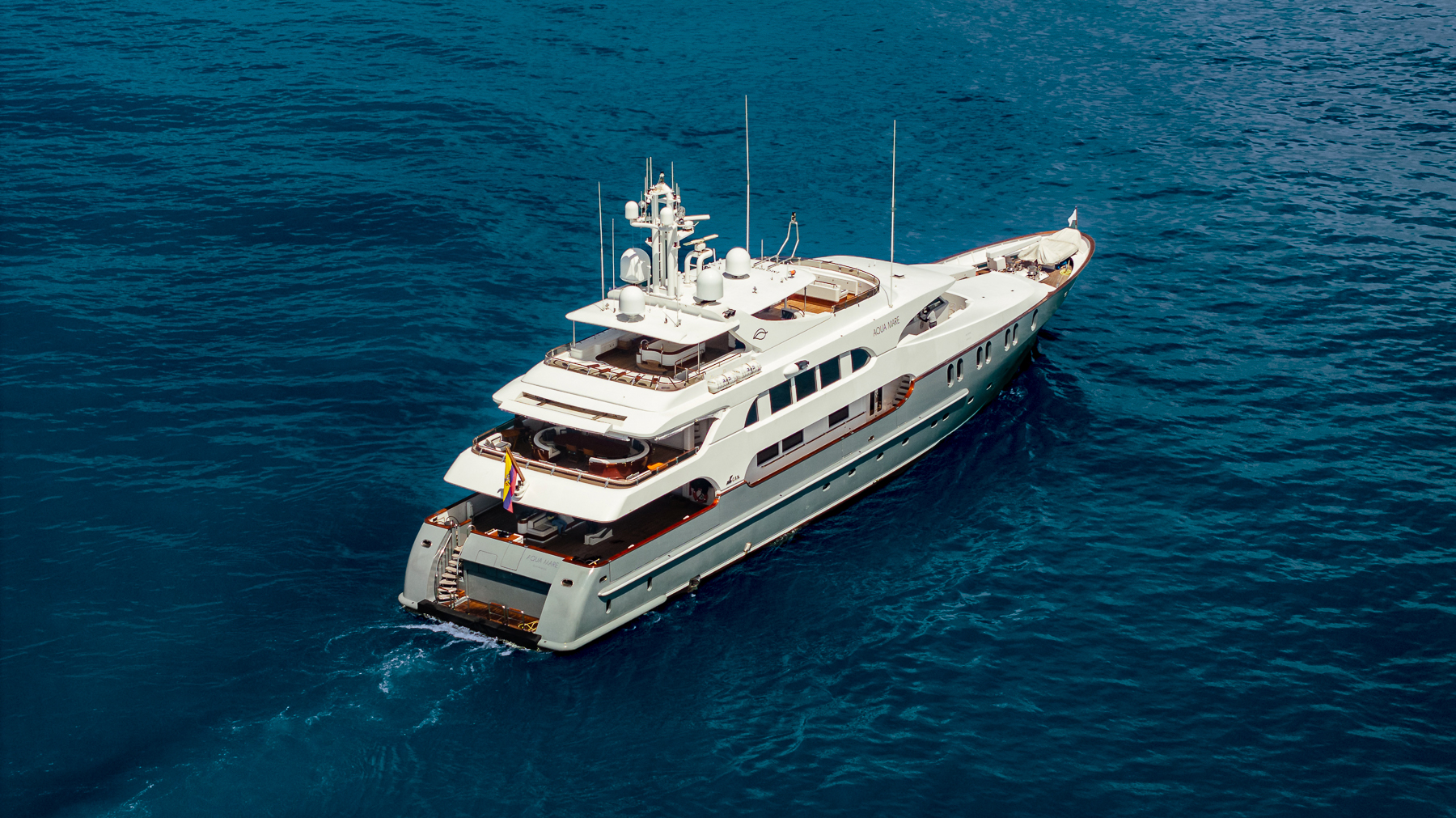 Aerial view of the Aqua Mare luxury expedition cruiser in the Galapagos Islands