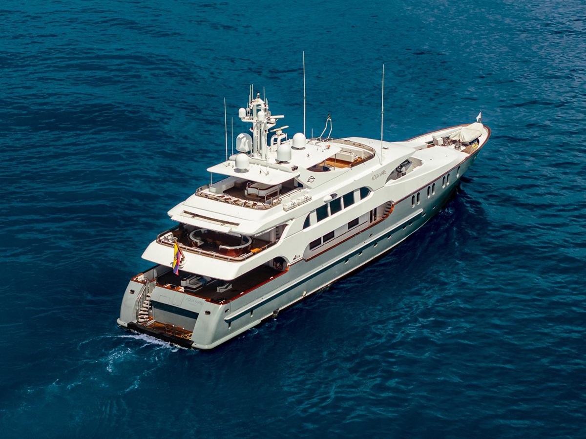 Aerial view of the Aqua Mare luxury expedition cruiser in the Galapagos Islands
