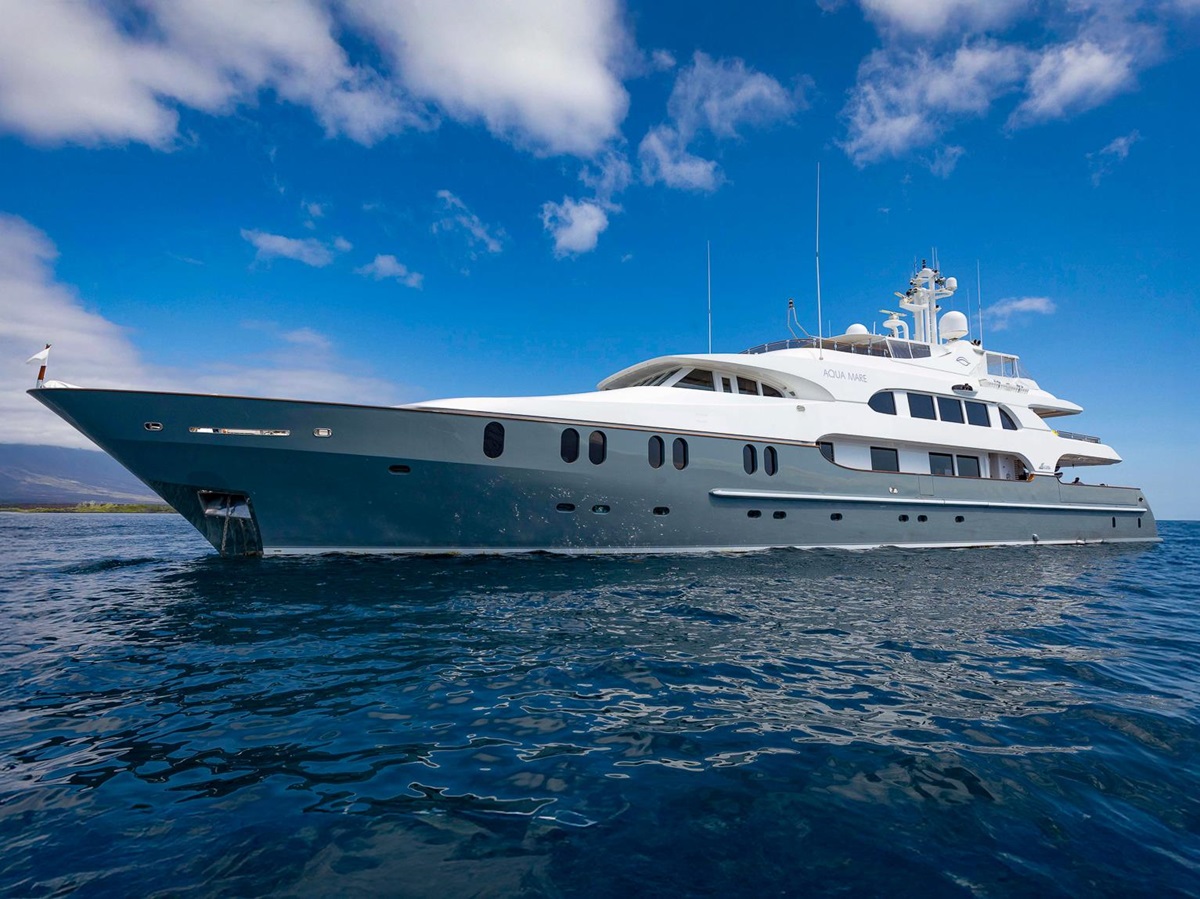 Exterior view of the Aqua Mare luxury expedition cruiser in the Galapagos Islands