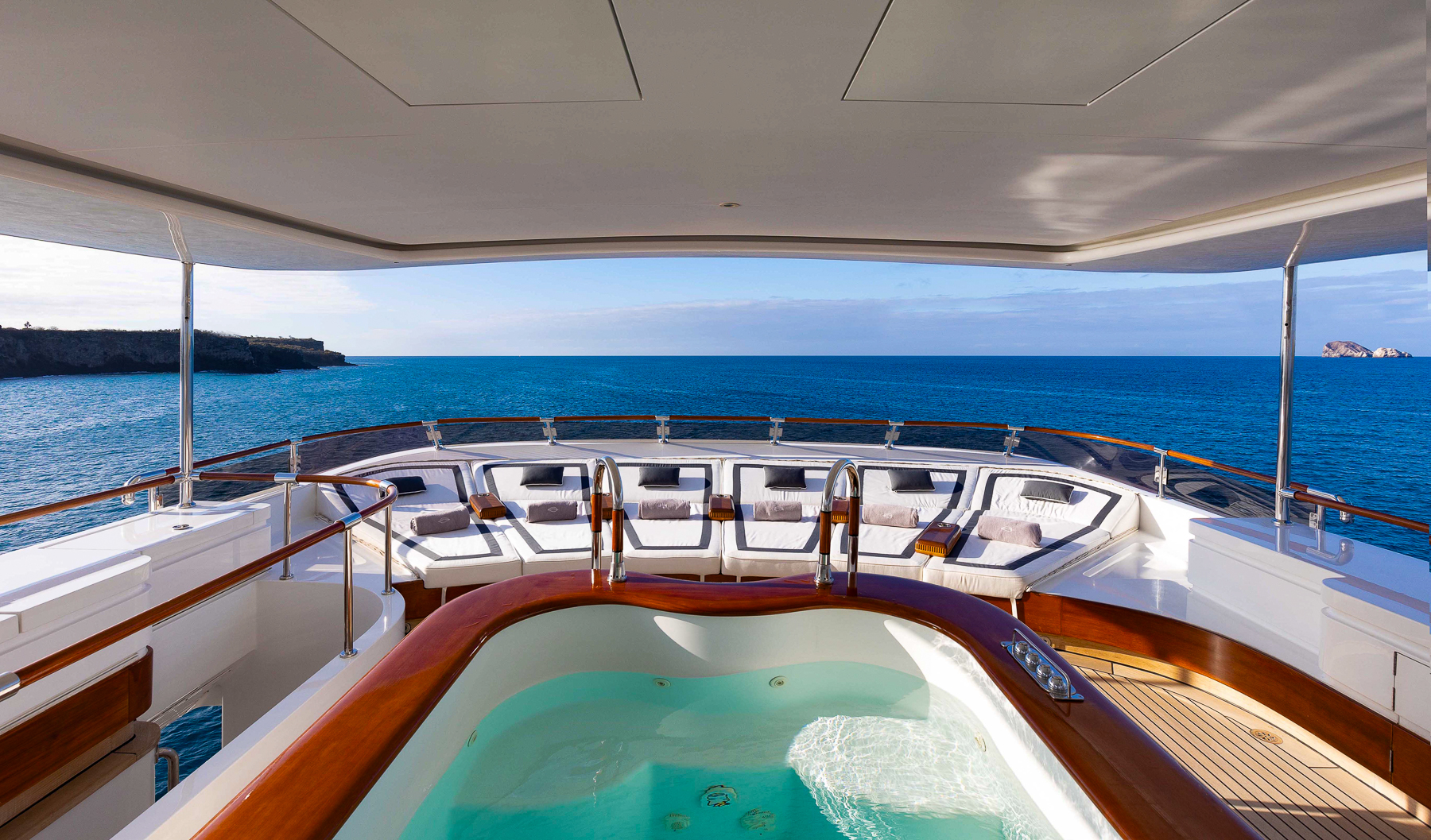 Ocean views from the Jacuzzi onboard the Aqua Mare luxury expedition cruiser in the Galapagos Islands